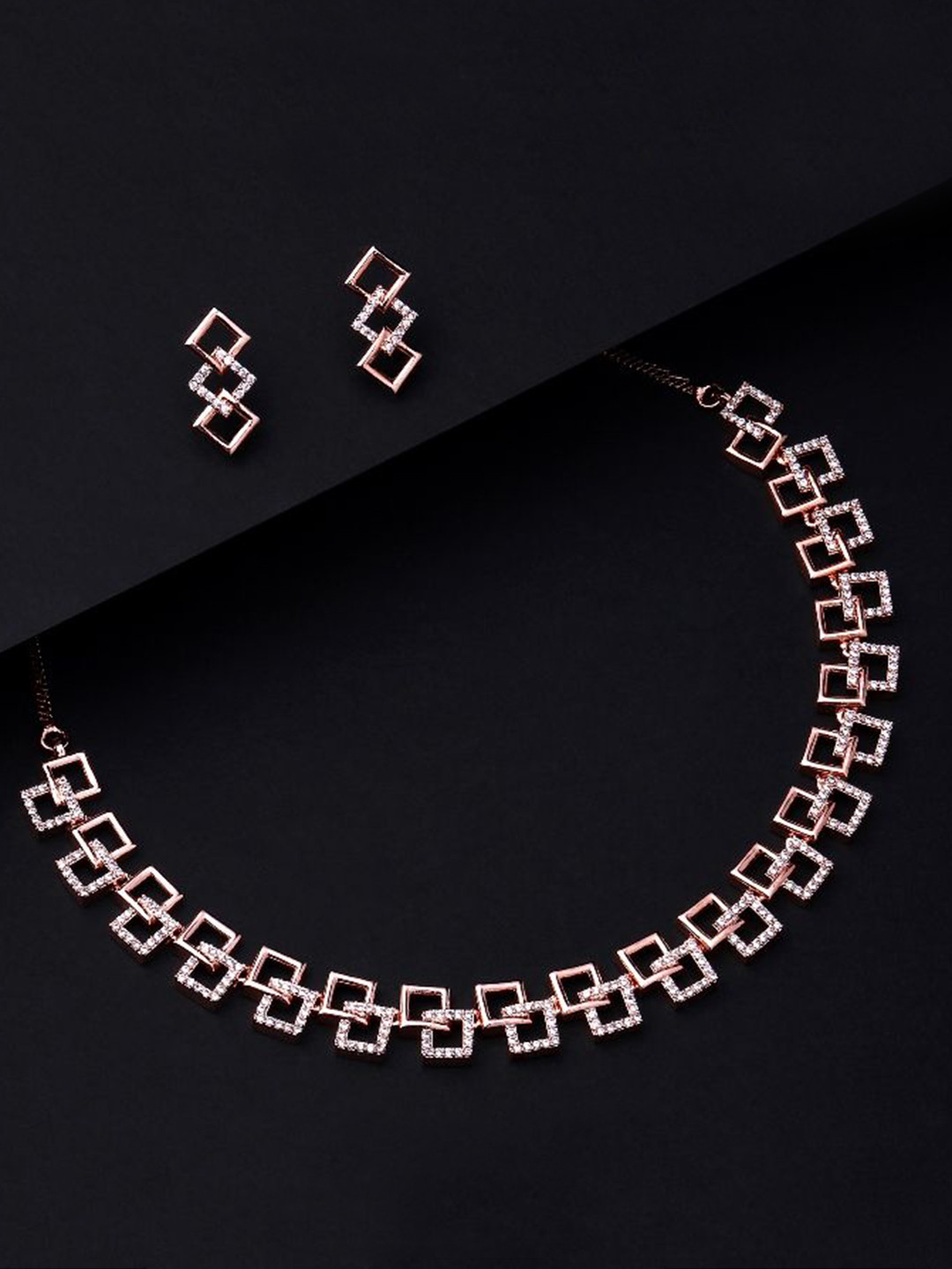 Cierra Rose Gold-Plated AD Stone-Studded Squire Shape Necklace & Earrings