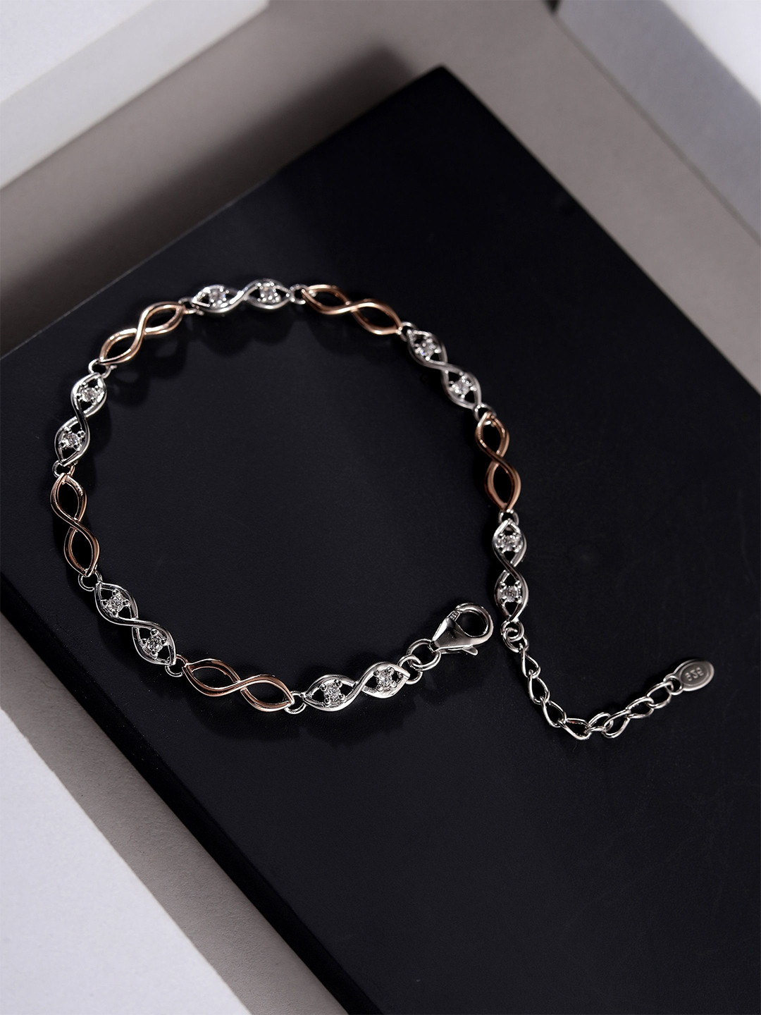 DIAVO 925 Sterling Silver Rose Gold-Plated Interlocking Modish Link Bracelet