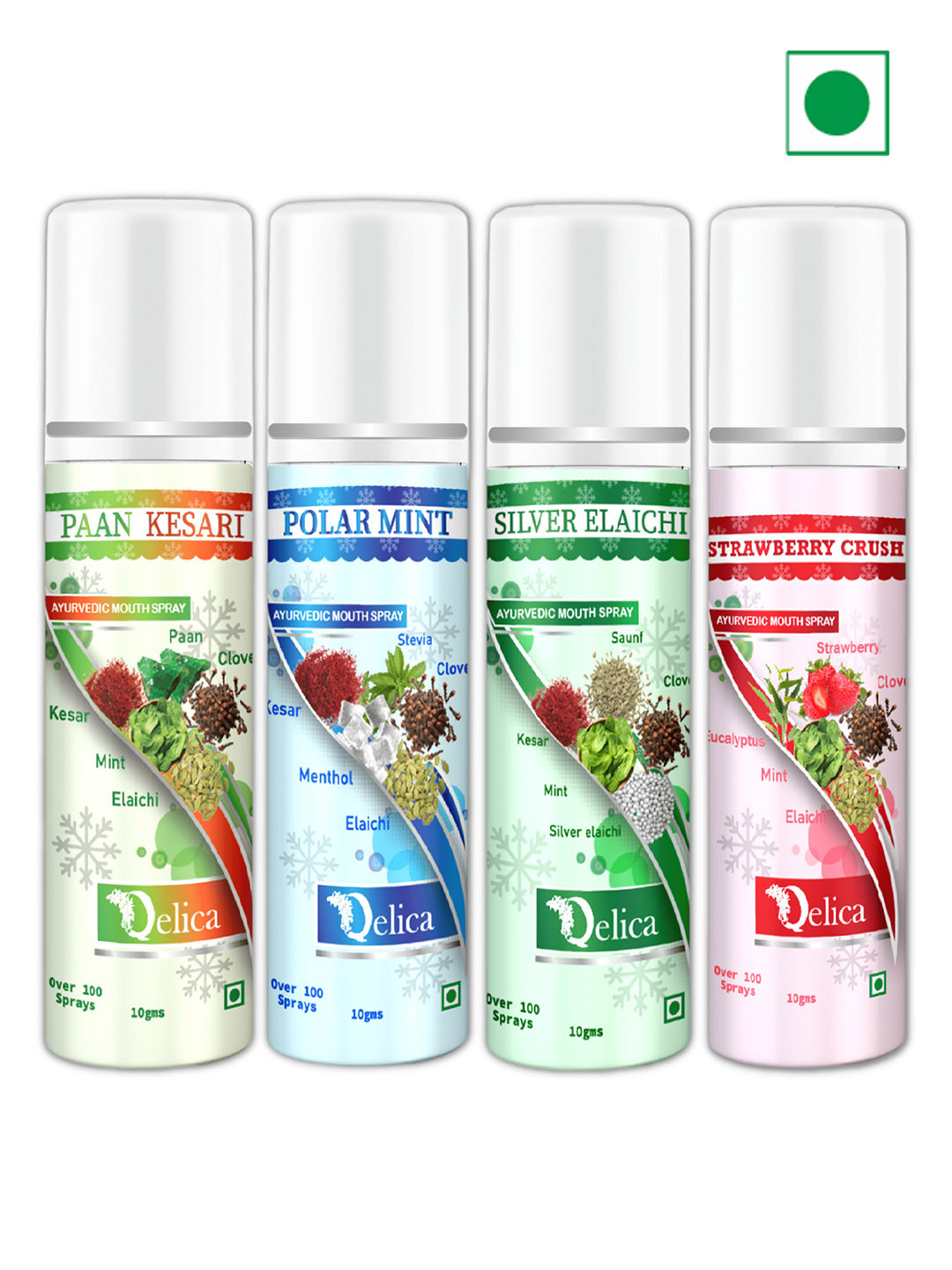 Qelica Set Of 4 Paan Kesari Polar Mint Silver Elaichi & Strawberry Crush Spray-10g Each