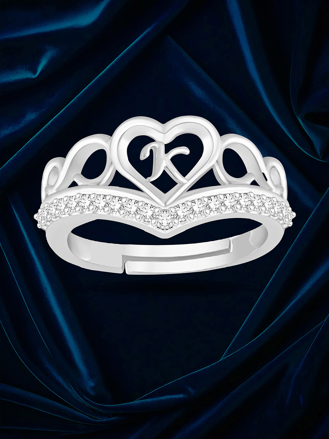 Heer Collection Silver-Plated Heart Alphabet 'K' Stone-Studded Adjustable Finger Ring