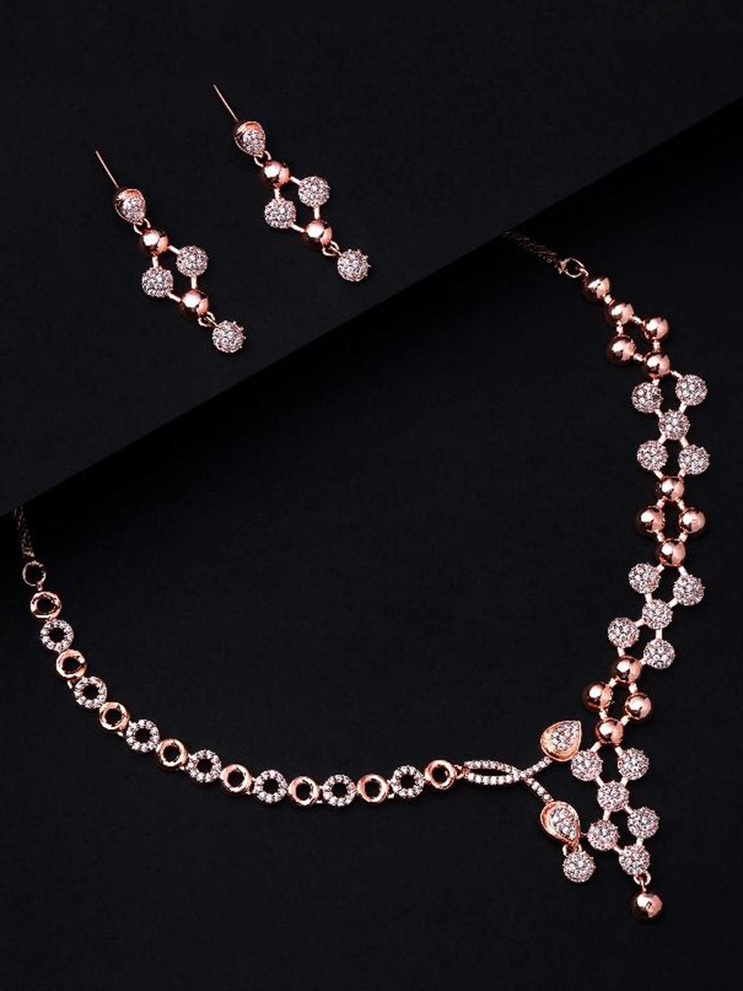 Cierra Rose Gold-Plated Stones-Studded Oval & Round Shape Necklace & Earrings
