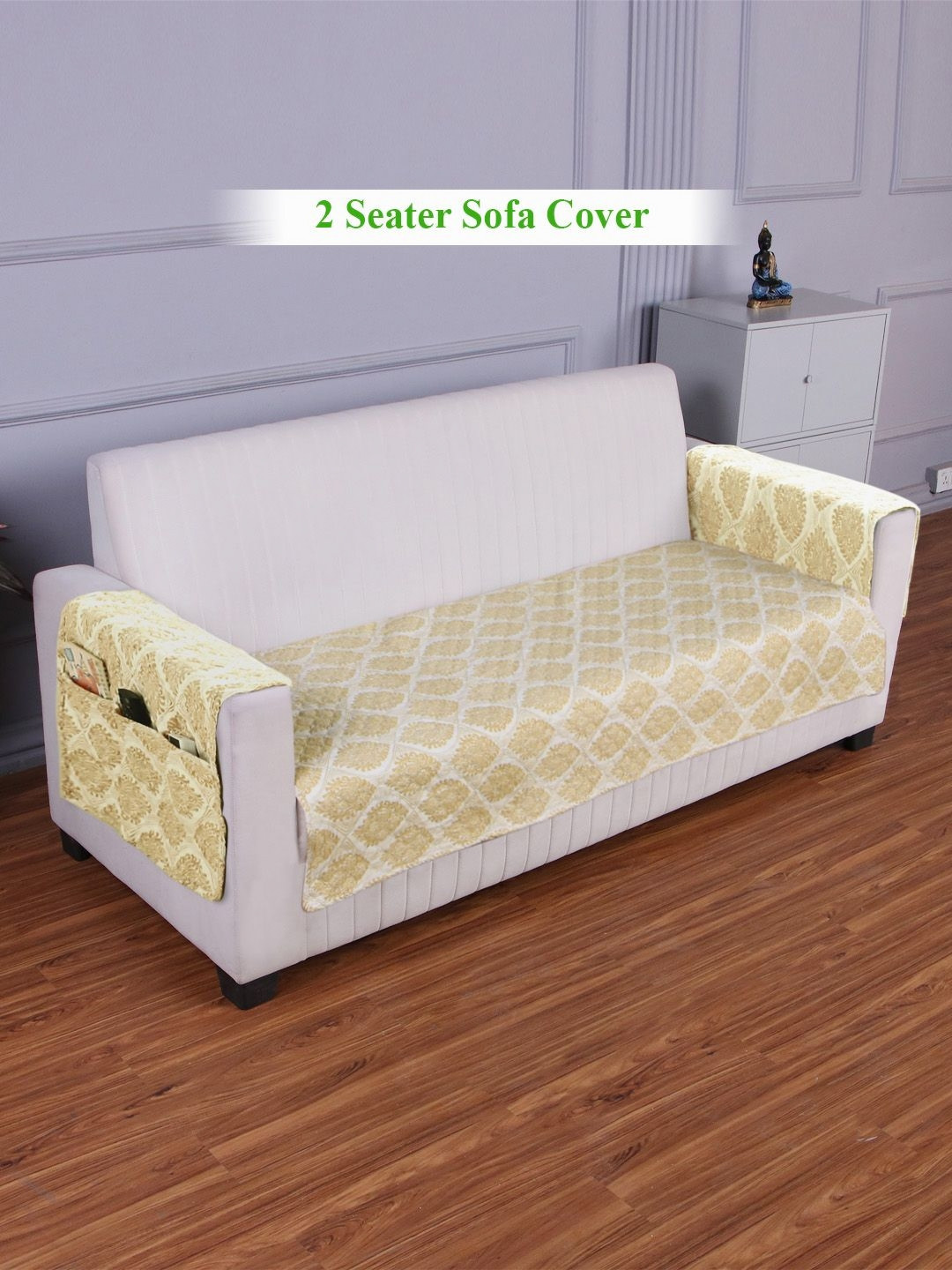 HOKIPO Off White & Beige Printed Polyester 2 Seater Sofa Seat Mat & 2 Armrest Covers