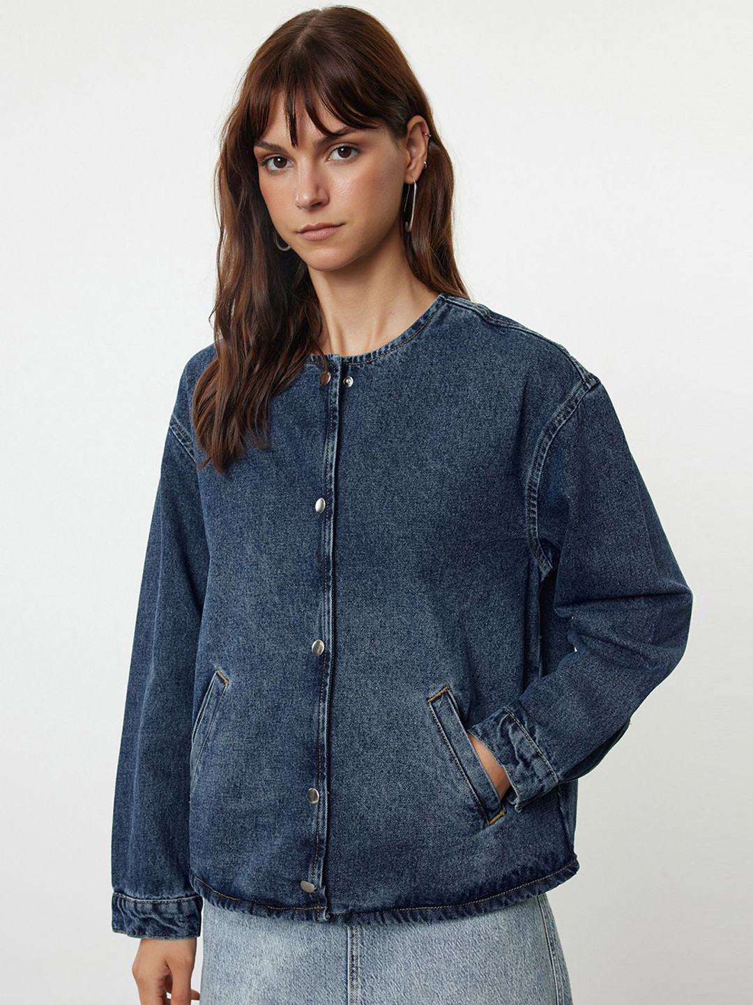 Trendyol Stand Collar Denim Jacket with Embroidered