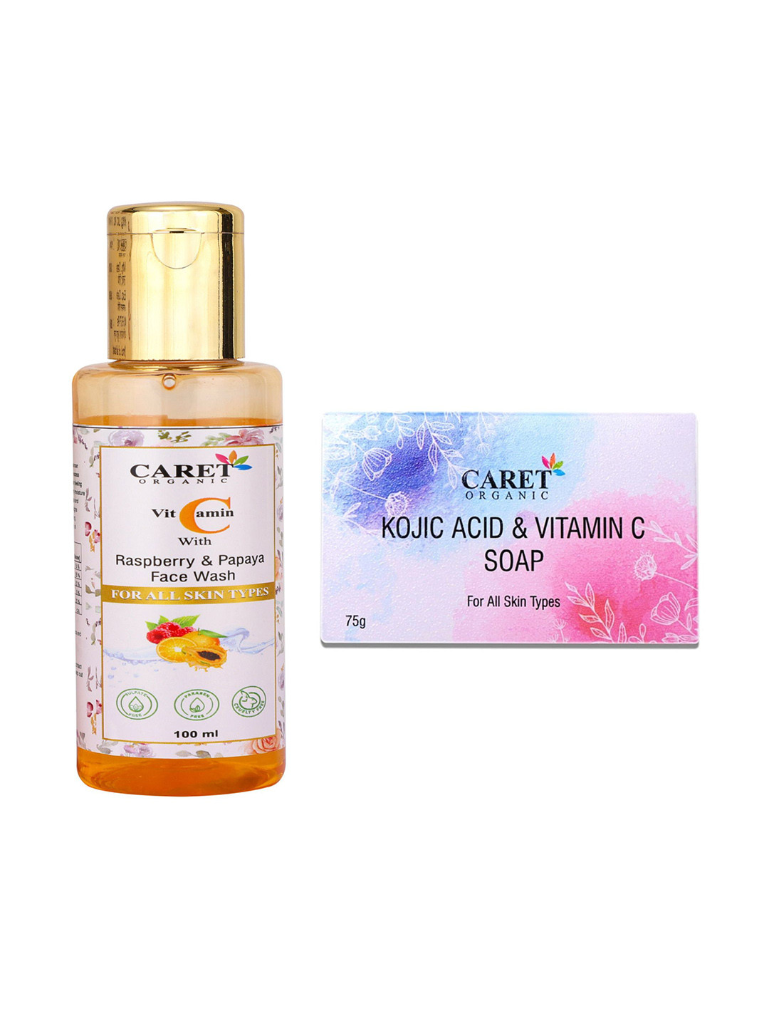 CARET ORGANIC Set Of 2 Kojic Acid Soap-75 g & Raspberry & Papaya Face Wash-100ml