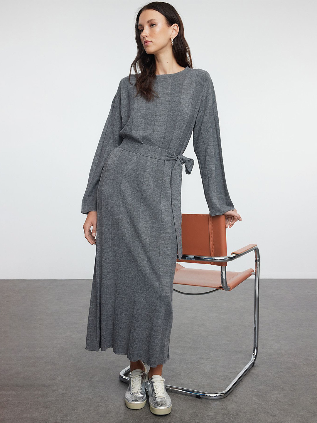 Trendyol Checked Slit Sleeve Maxi Dress