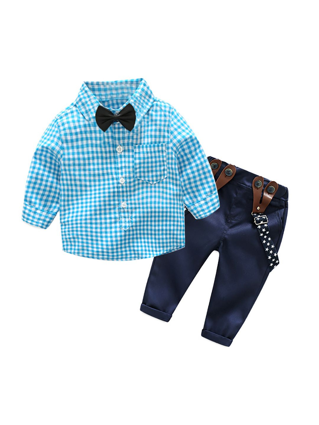 JC SPARKLE Boys Checked Long Sleeves Shirt with Trouser and Suspenders & Bow Tie