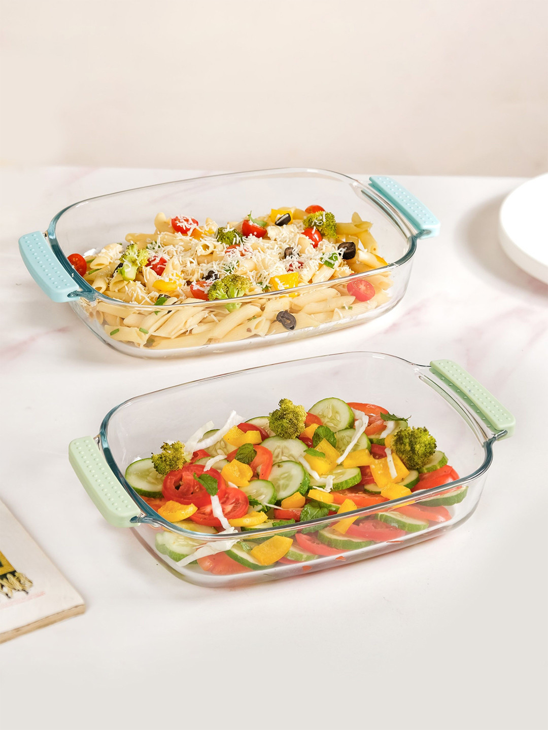 Nestasia 2Pcs Blue & Green Transparent Glass Baking Dish With Cover