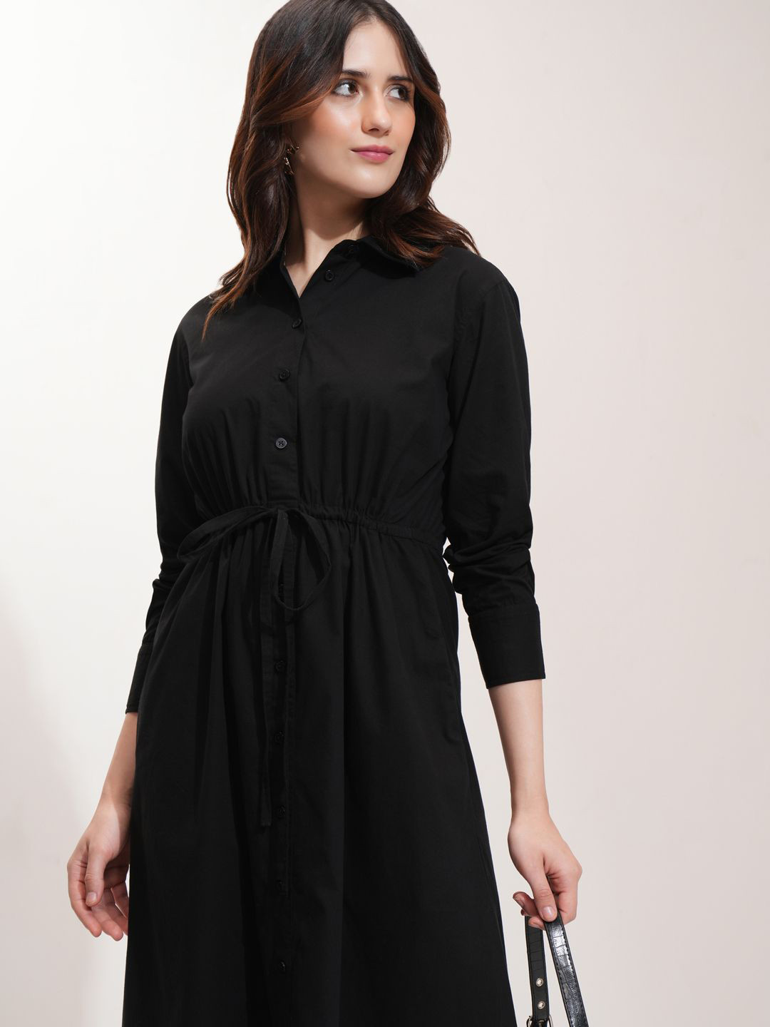 Tokyo Talkies Women Solid Shirt Midi Tie-Ups Dress