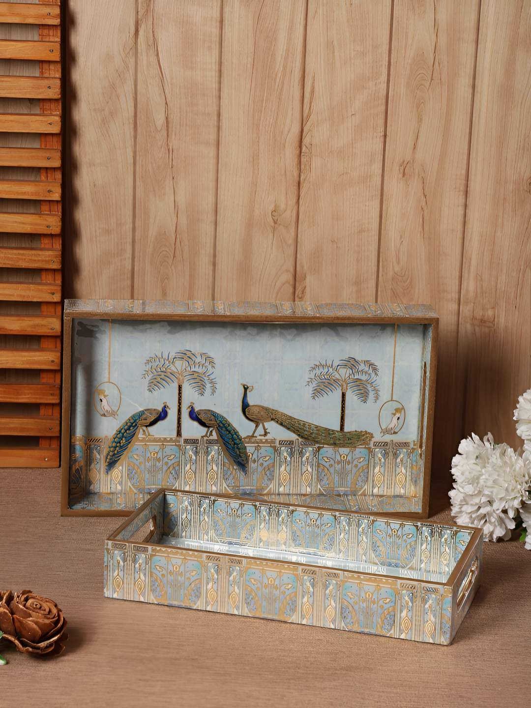 HomeShastra Royal Blue Peacock Brown 2 Pieces Printed Wooden Easy To Clean Serving Trays