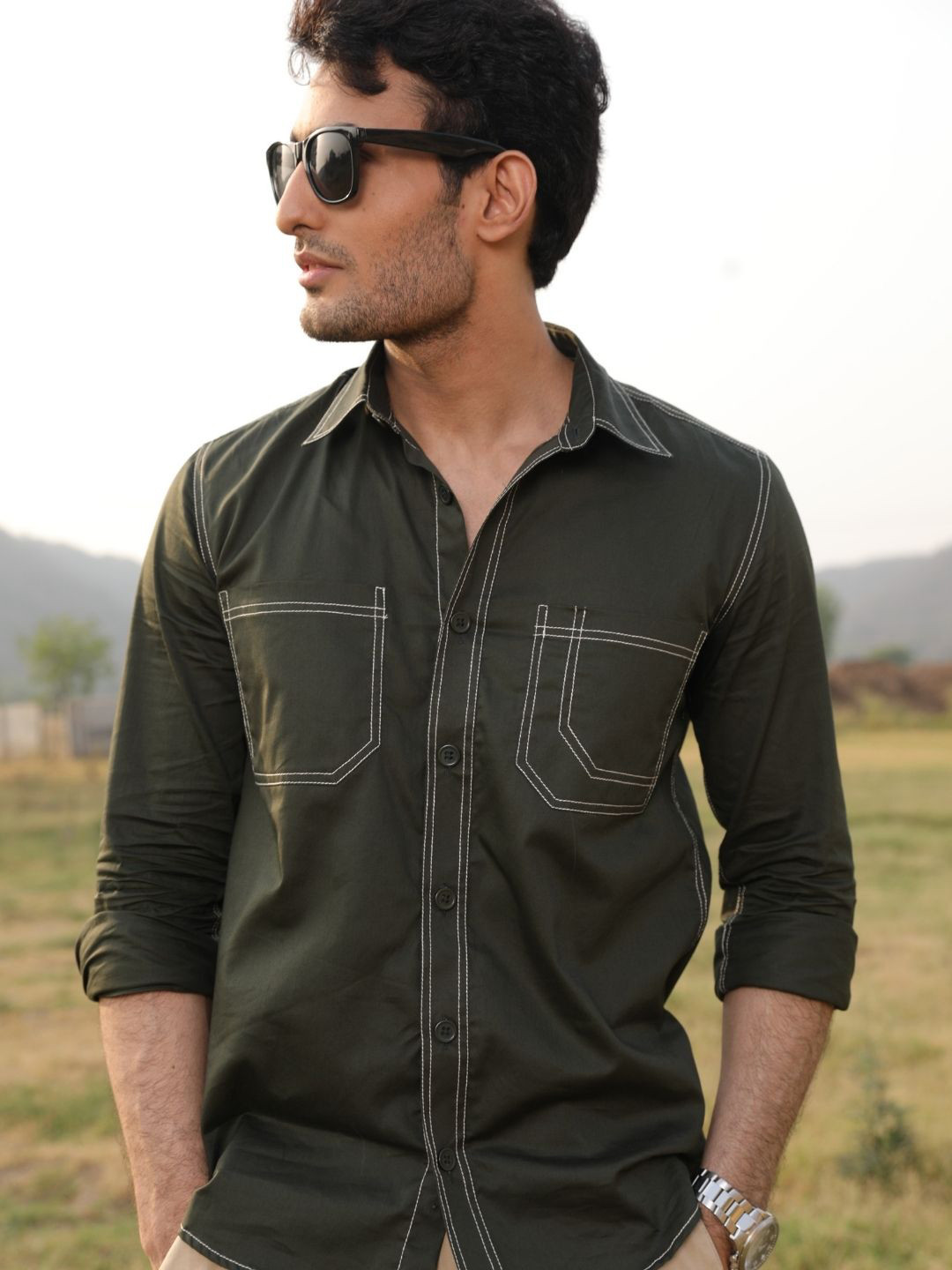 PERCH Men Spread Collar Solid Cotton Relaxed Fit Casual Shirt