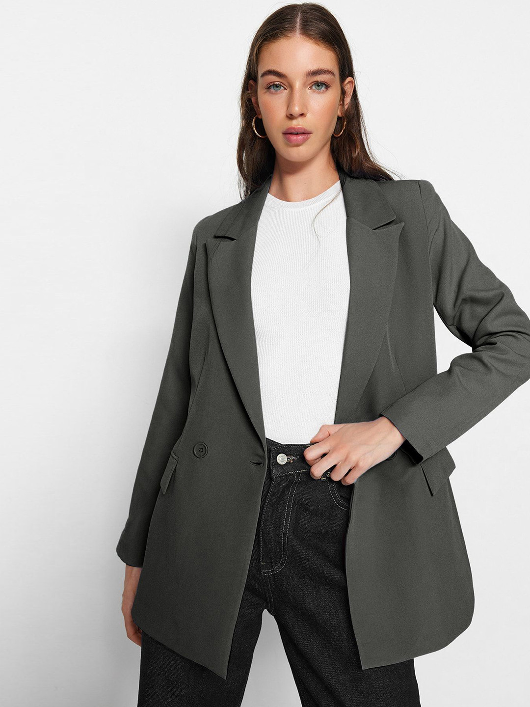 Trendyol Lapel Collar Snap Button Closure Longline Open Front Jacket