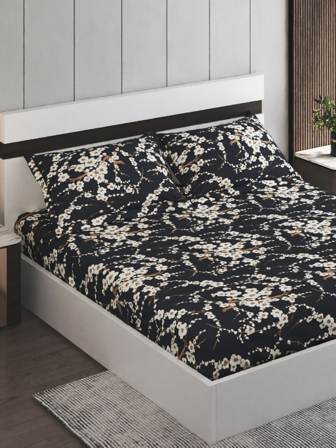 Home Centre Corsica Juniper Black Floral Microfiber 130 TC Queen Bedsheet with 2 Pillow Covers-87 x 60 inches