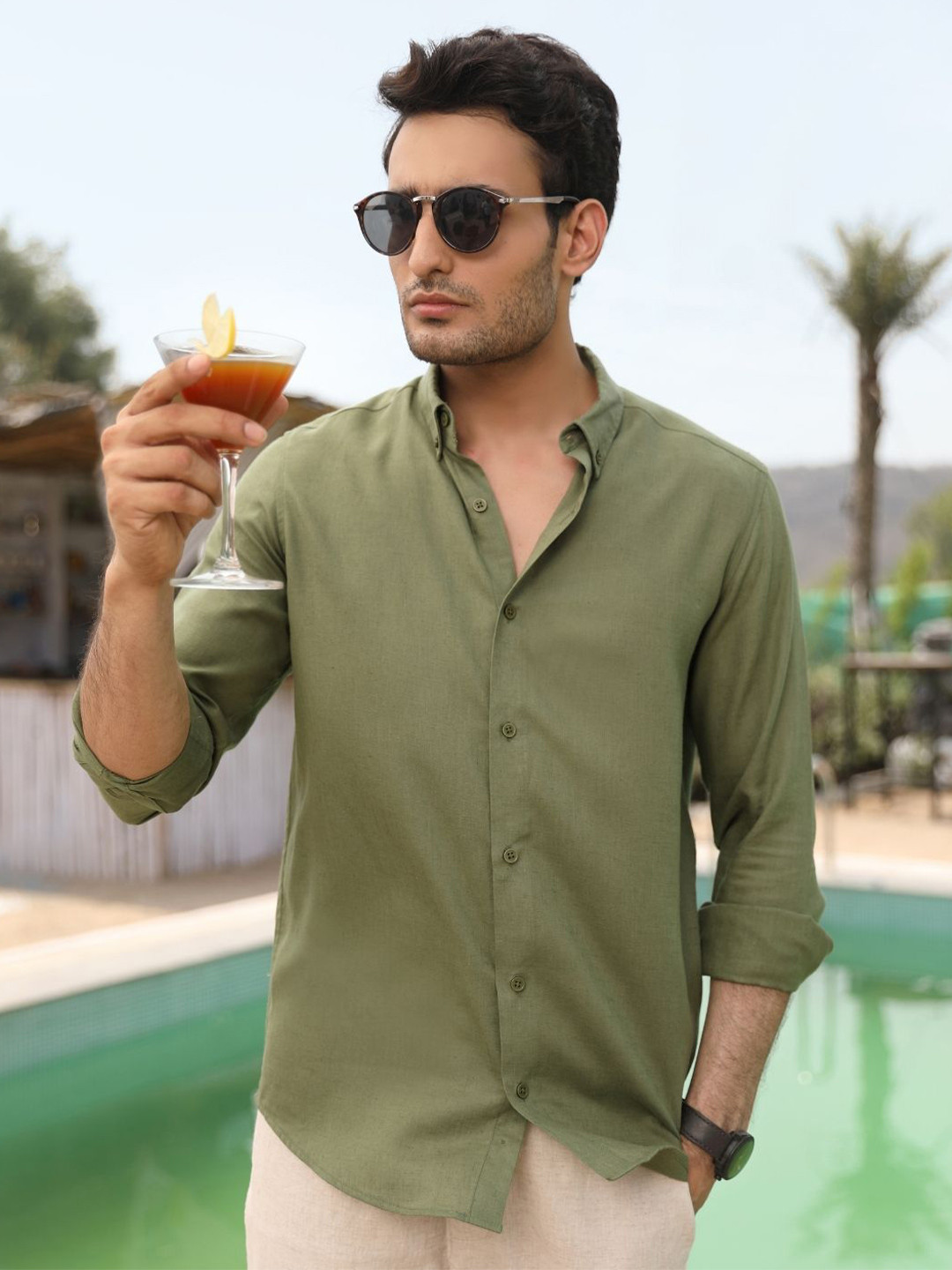 PERCH Men India Slim Button-Down Collar Solid Linen Blend Casual Shirt