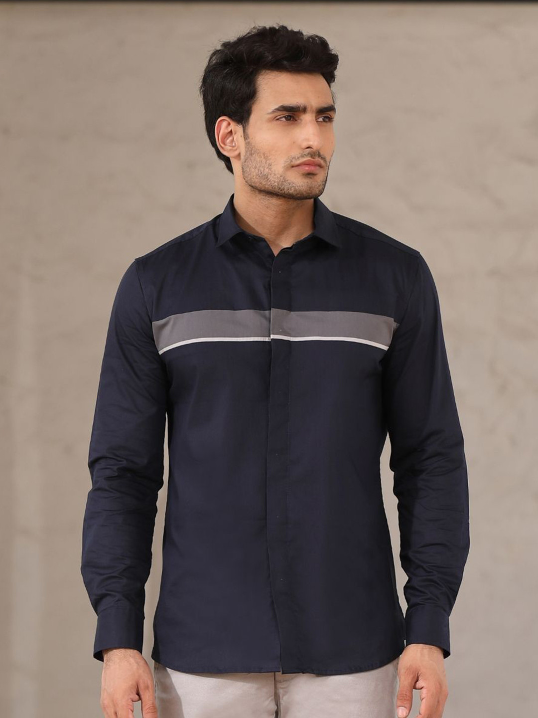 PERCH Men India Slim Spread Collar Horizontal Striped Cotton Casual Shirt