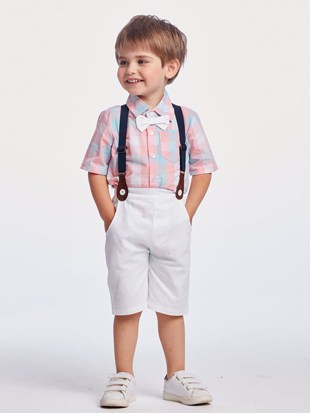 JC SPARKLE Boys Checked Short Sleeves Shirt with Shorts and Suspenders & Bow Tie