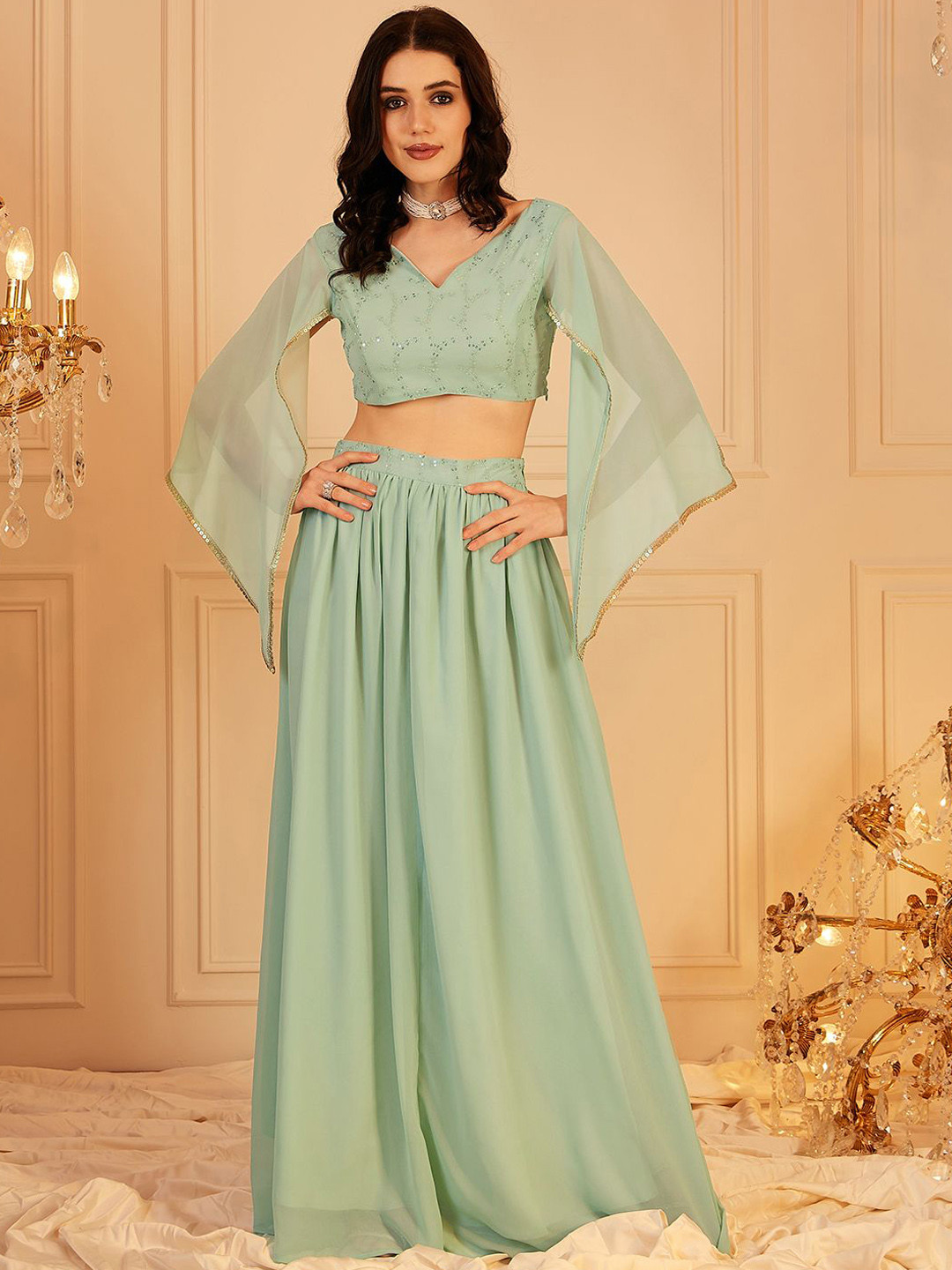 indo street Embellished Cape Sleeve Crop Top & Trouser Co-Ords