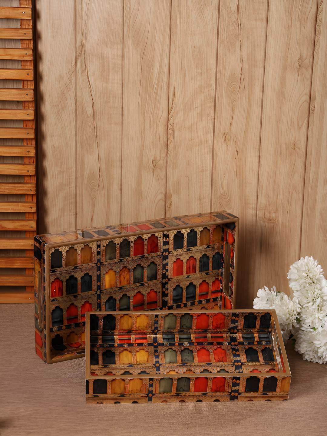 HomeShastra Jharokha Red & Brown 2 Pieces Wood Serving Tray