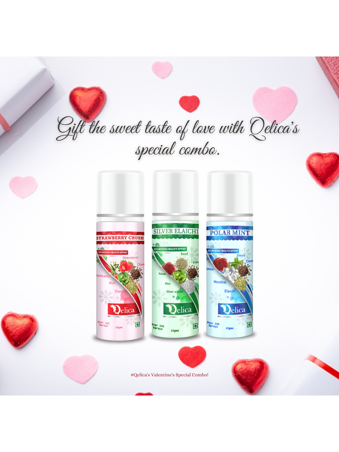 Qelica Set Of 3 Strawberry Crush, Silver Elaichi & Polar Mint Mouth Spray 10 g Each
