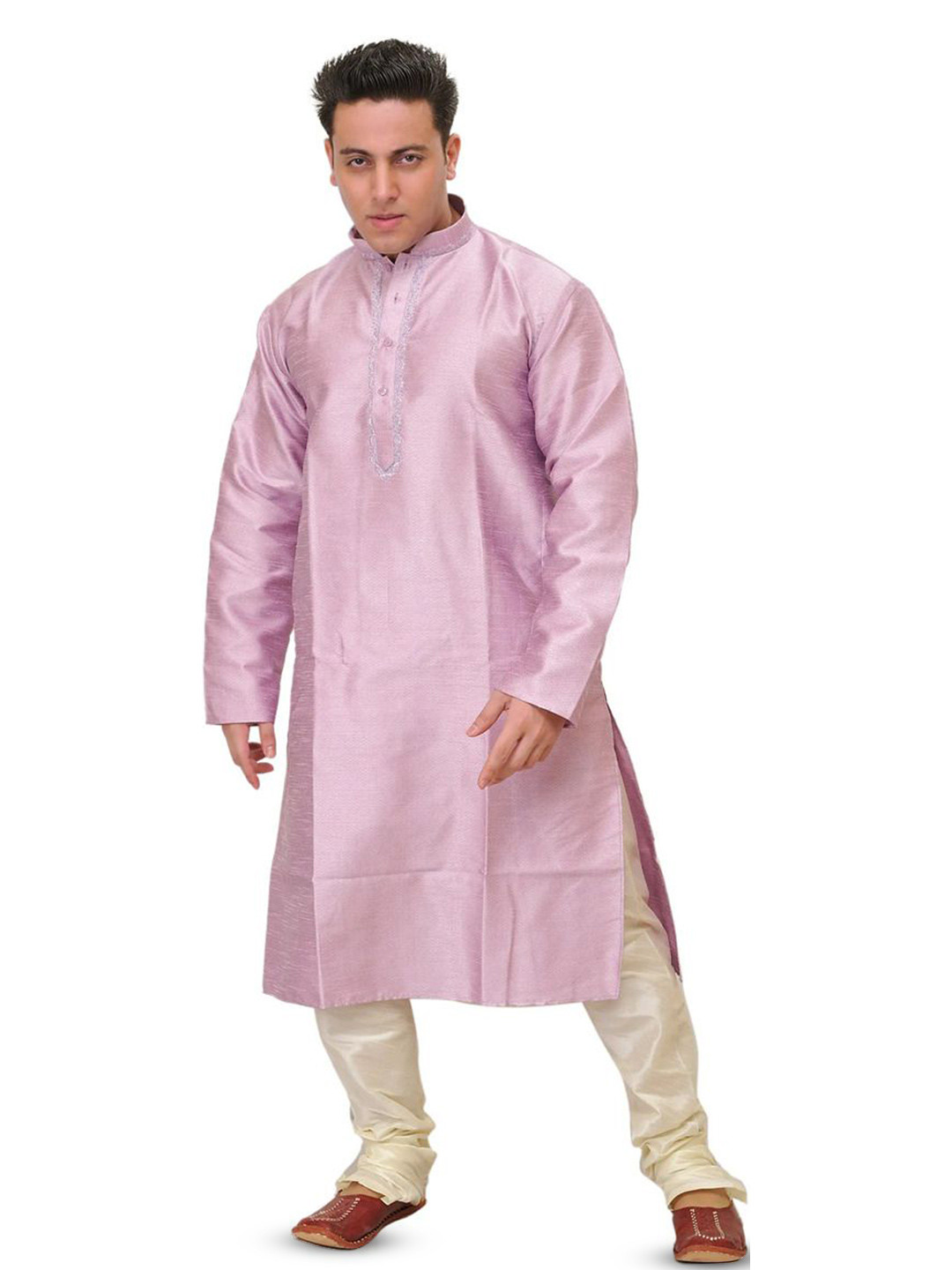 Exotic India Fragrant Lilac Plain Kurta Pajama Set with Zigzag Weave and Embroidered Neck
