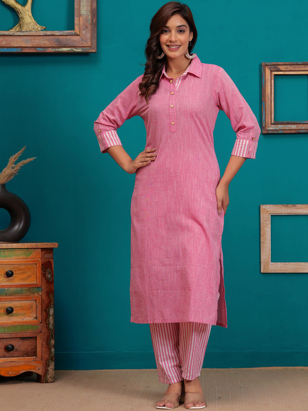 SARAI CREATIONS Shirt Collar Pure Cotton Straight Kurta with Trouser