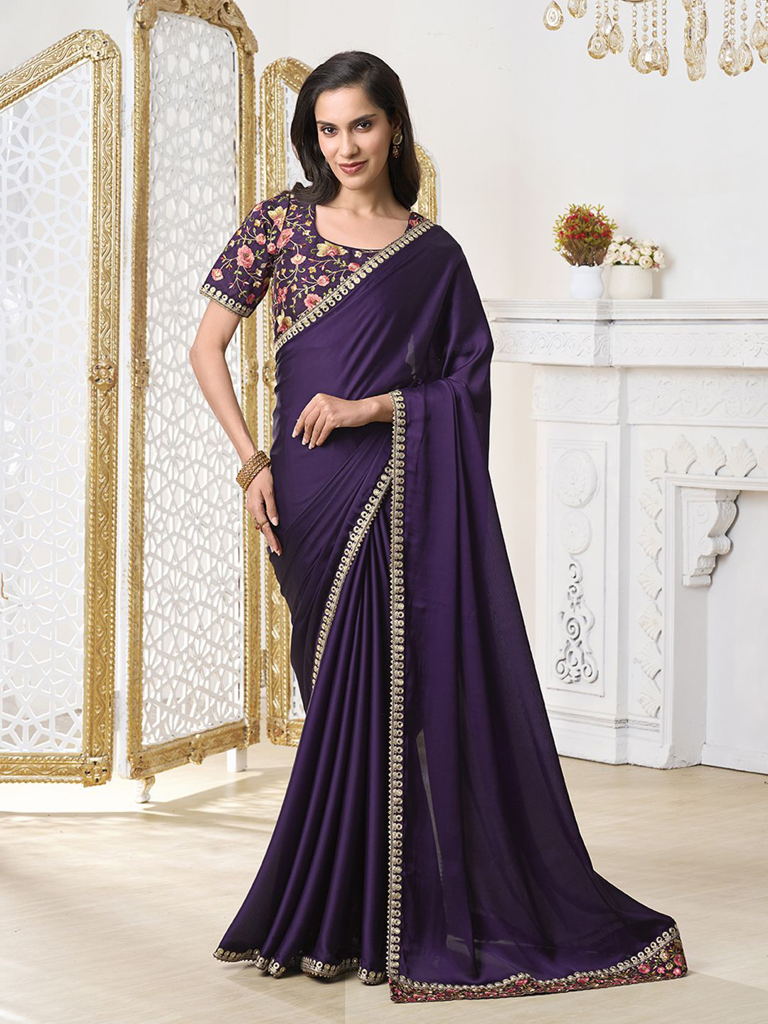 Inddus Mirror Work Satin Saree