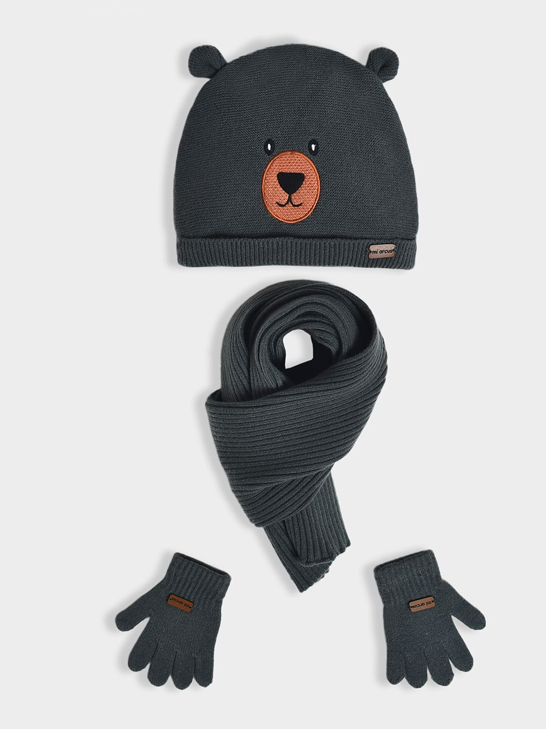 MiArcus Knitted Face Embroidery Cap with Muffler & Mitten Set