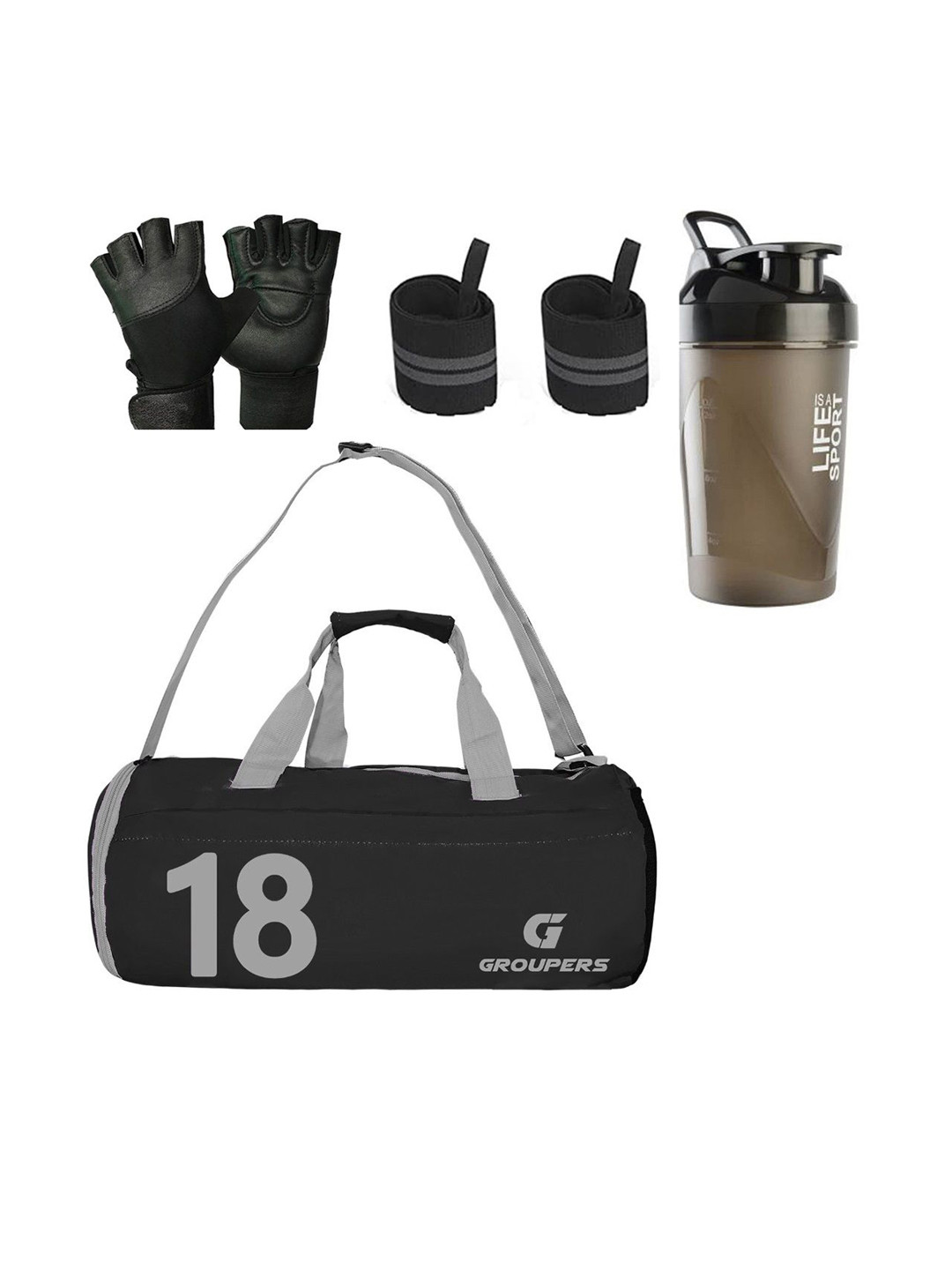 GROUPERS Printed Medium Foldable Duffel Bag & Gloves with Shaker Bottle 400ml