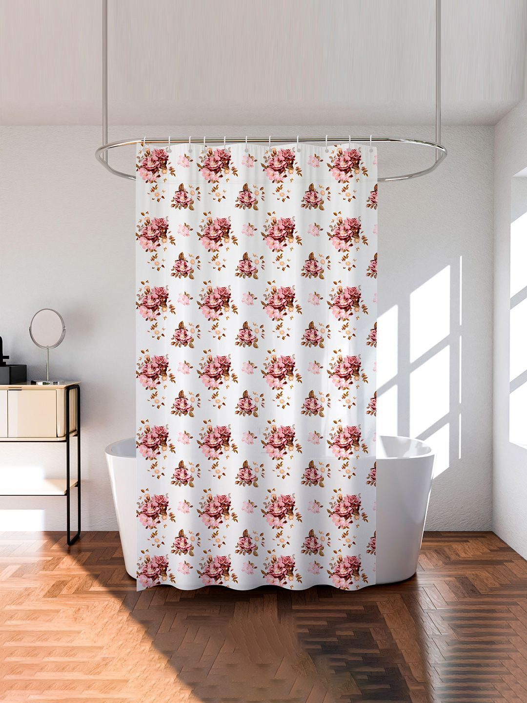 Kuber Industries White & Pink Printed Waterproof Shower Curtains With Rings