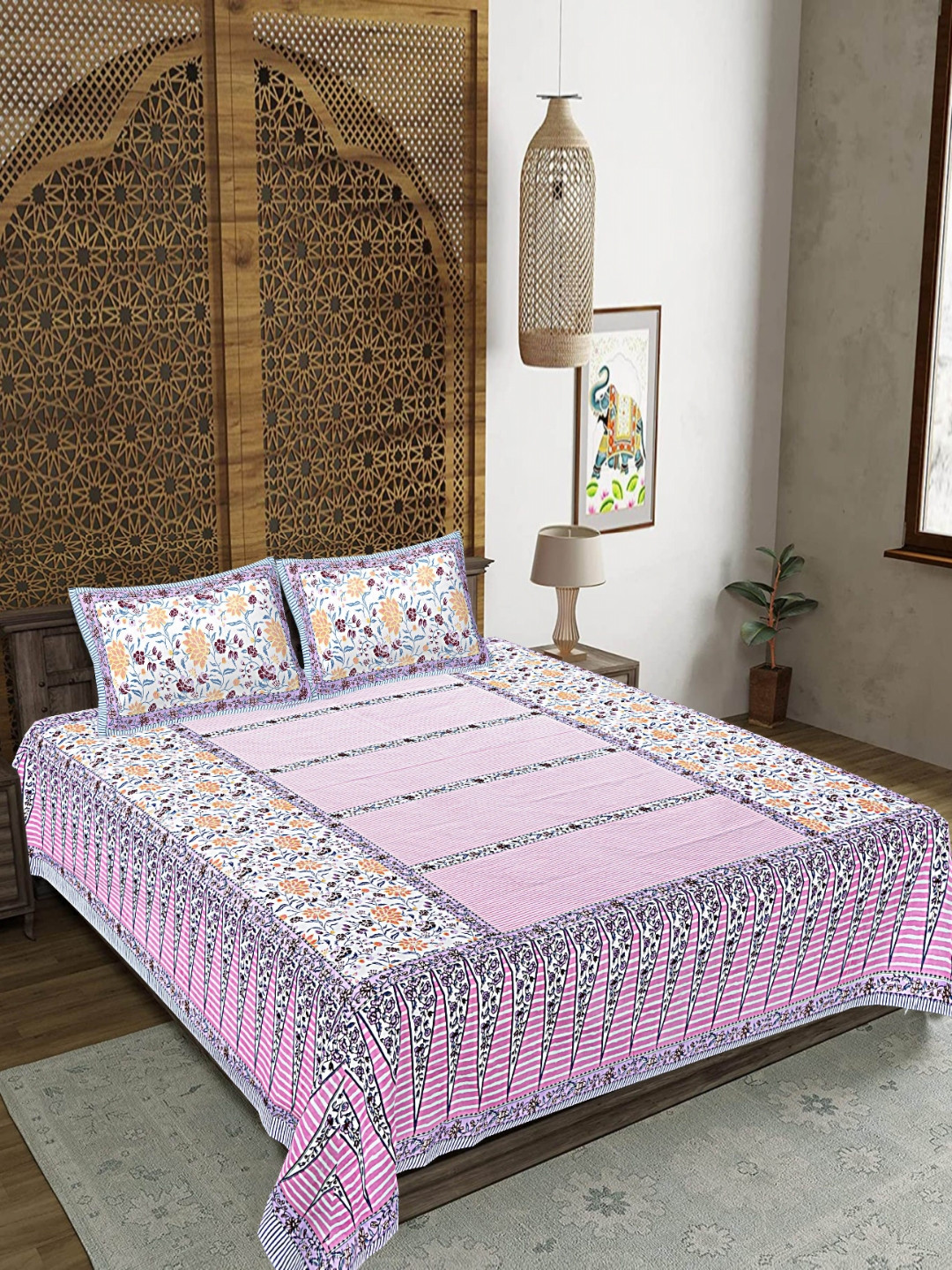 FrionKandy Living Pink Floral Cotton 180 TC King Fine Bedsheet with 2 Pillow Covers-106 x 108 inches