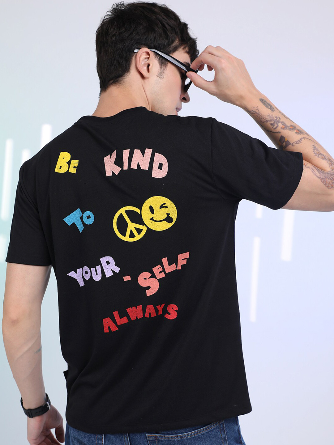 KETCH Black Typography Printed Round Neck Relaxed Fit Fit Casual T-Shirt