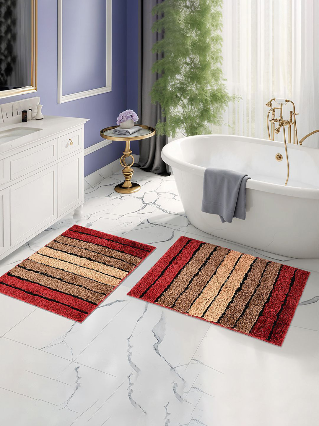 Kuber Industries Cream Color & Maroon 6 Pieces AntiSlip Textured Doormats