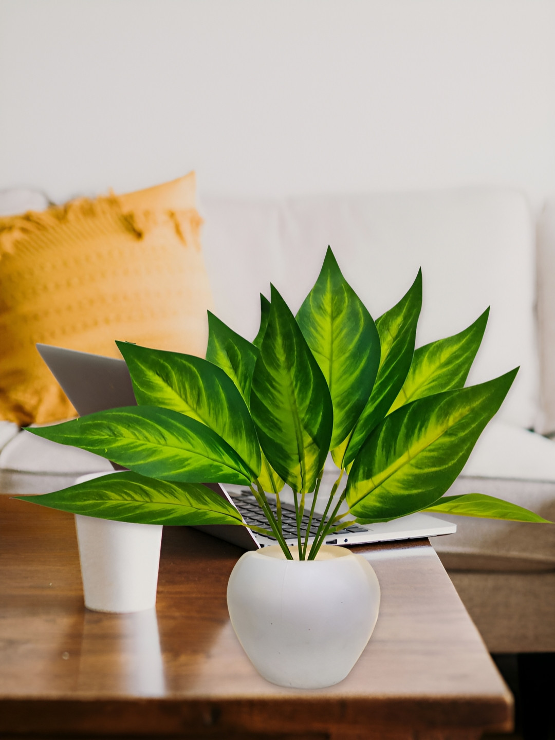 ARTSY White and Green Croton Artificial Plant With Pot