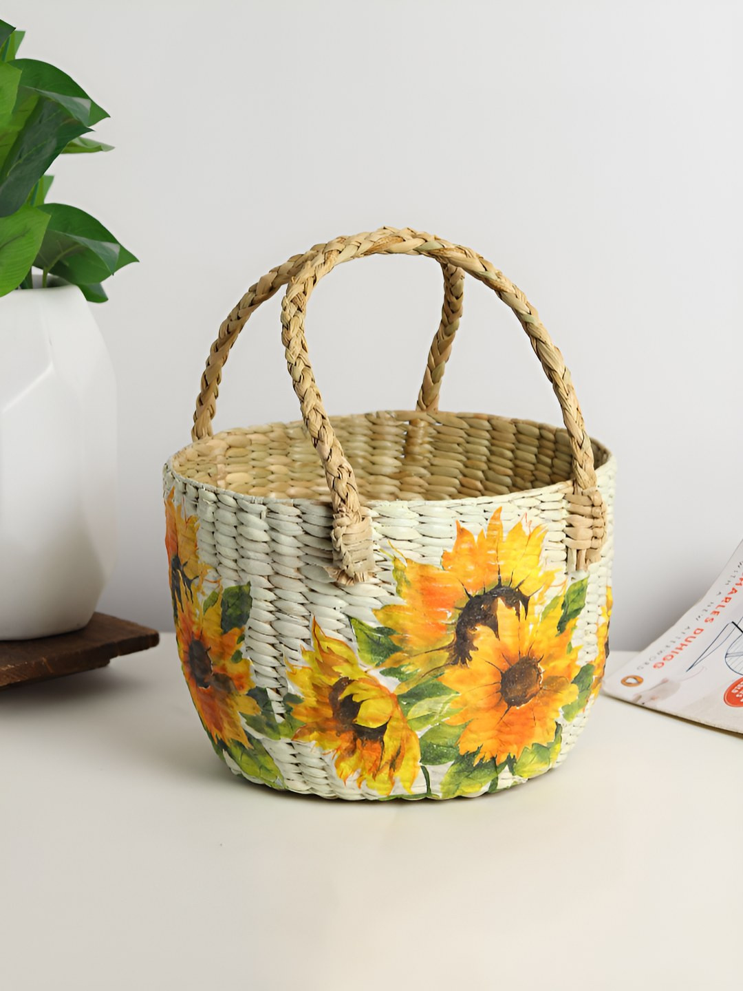 HABERE INDIA Yellow & Green Floral Printed Bohemian Seagrass Fruit And Vegetable Basket