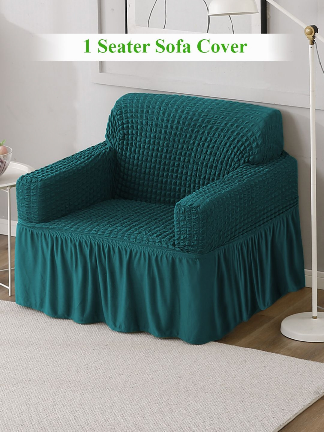 HOKIPO Teal Green Self Design Single Seater Sofa Cover With Arms