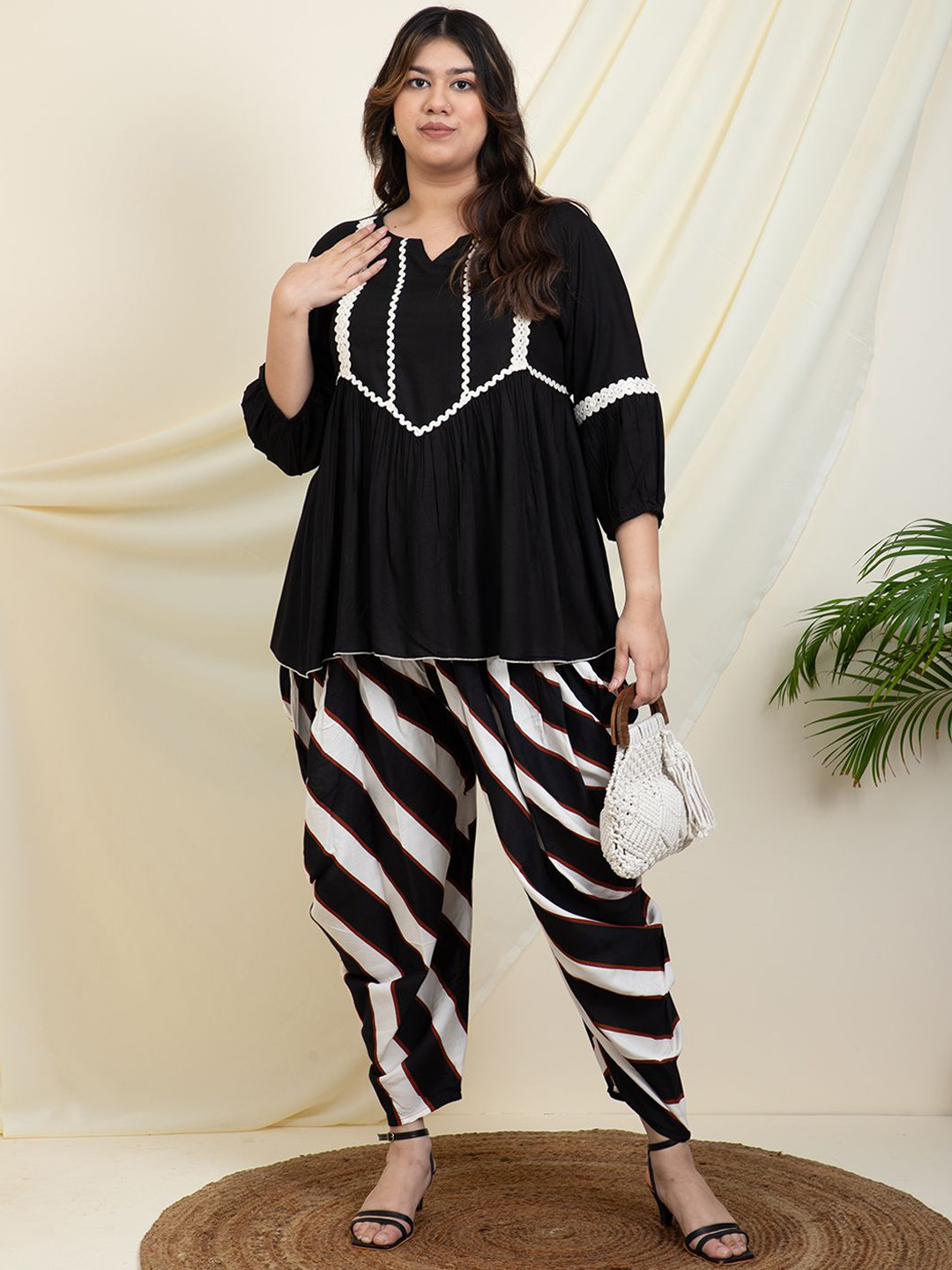 DEEBACO Plus Size Notch Neck Top With Striped Harem