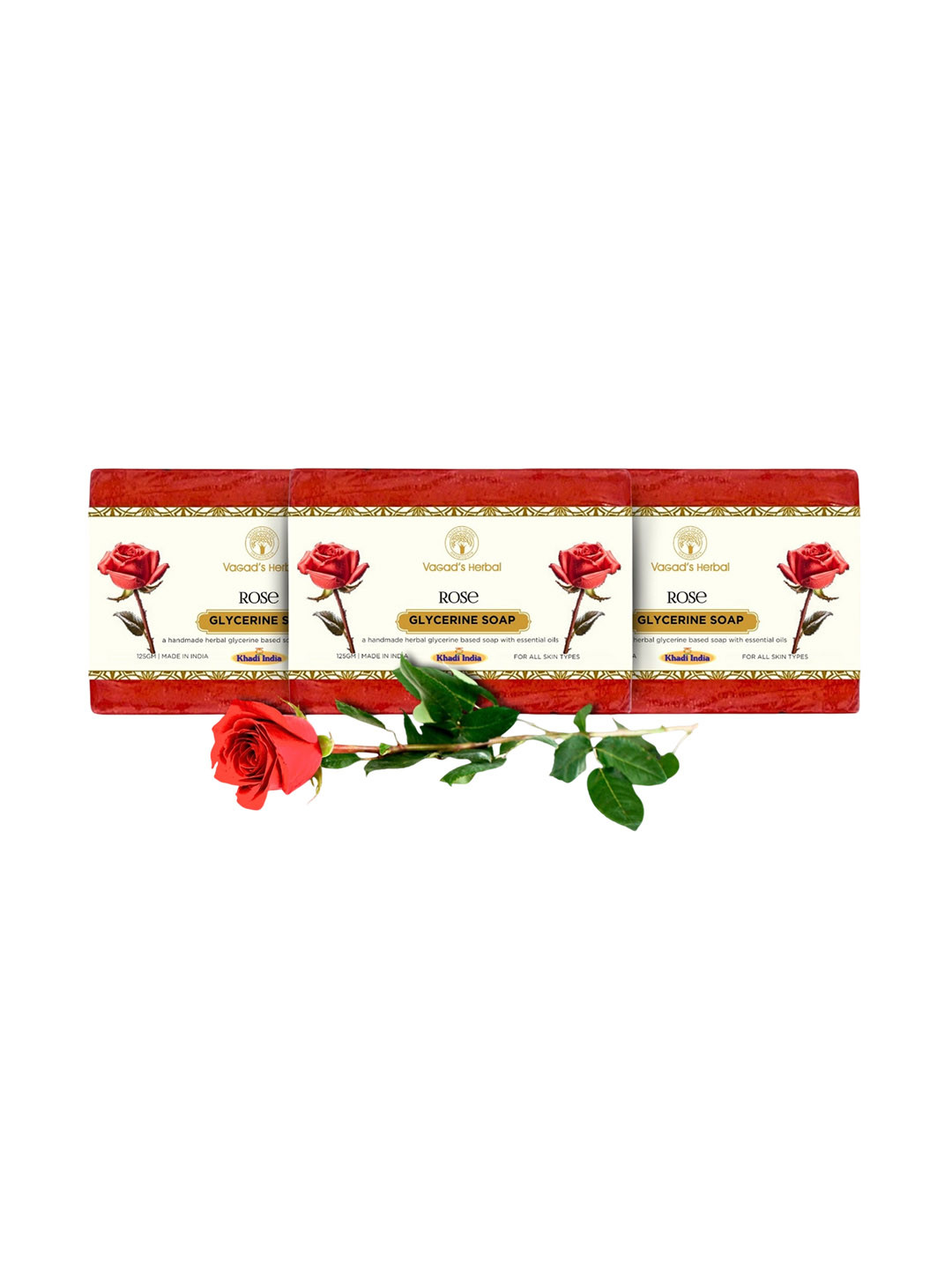 Vagads Set Of 3 Khadi India Rose Soaps- 375 g Each
