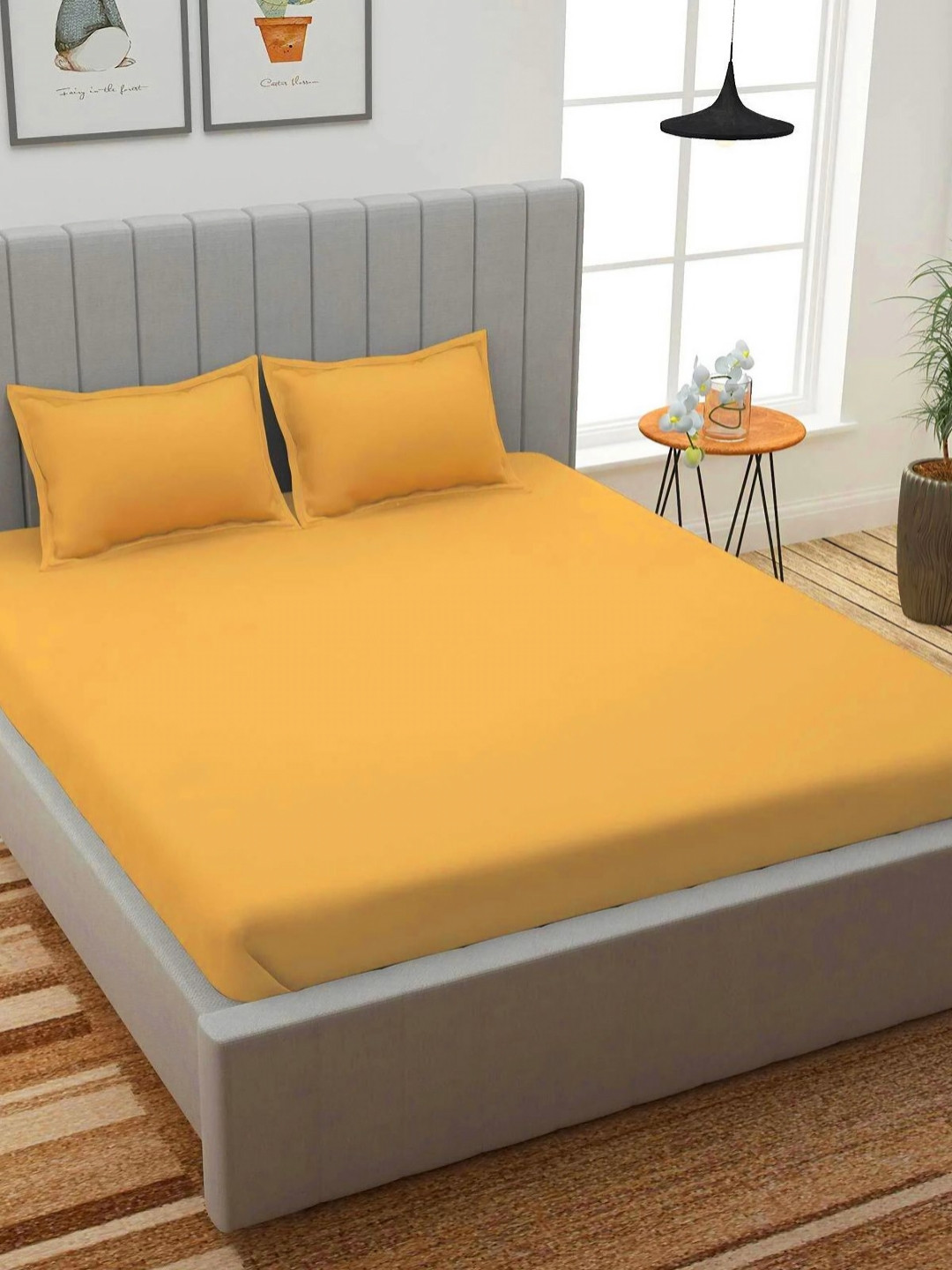Myntra Elegant Homes Yellow 160 TC Microfiber Queen Double Bedsheet with 2 Pillow Covers
