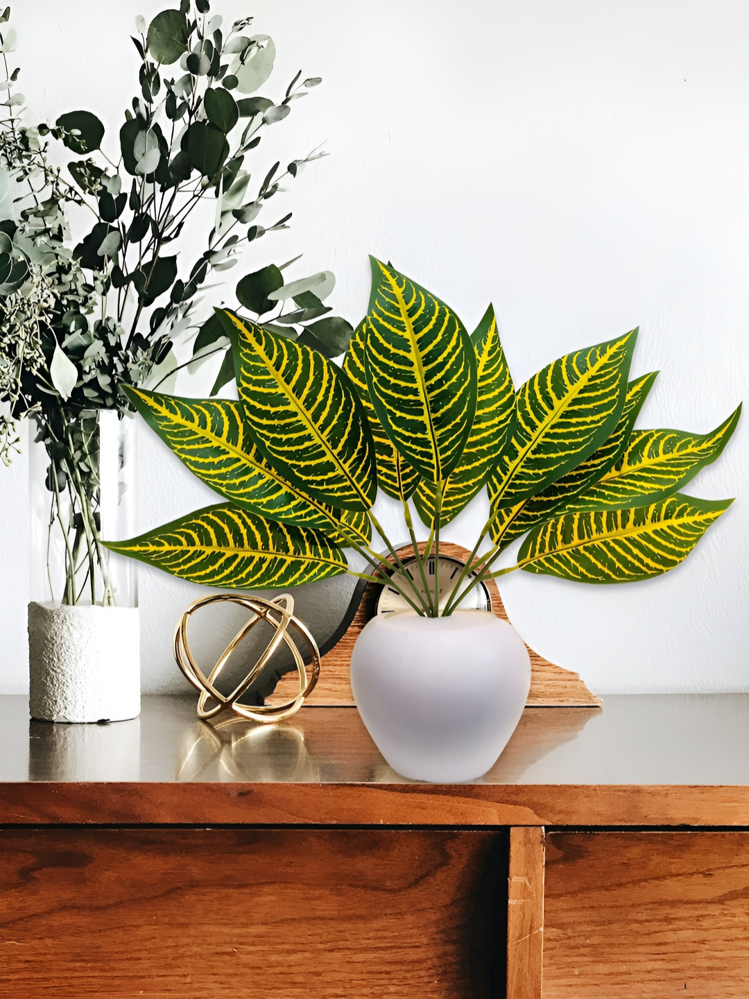 ARTSY White & Yellow Croton Artificial Flower With Pot