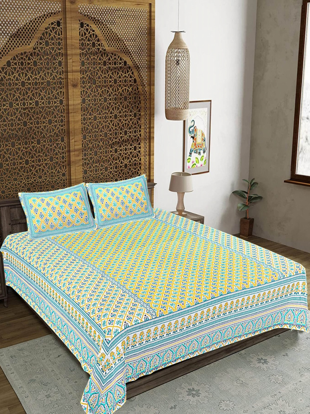 FrionKandy Living Yellow Floral Cotton 180 TC Super King Fine Bedsheet with 2 Pillow Covers-106 x 108 inches