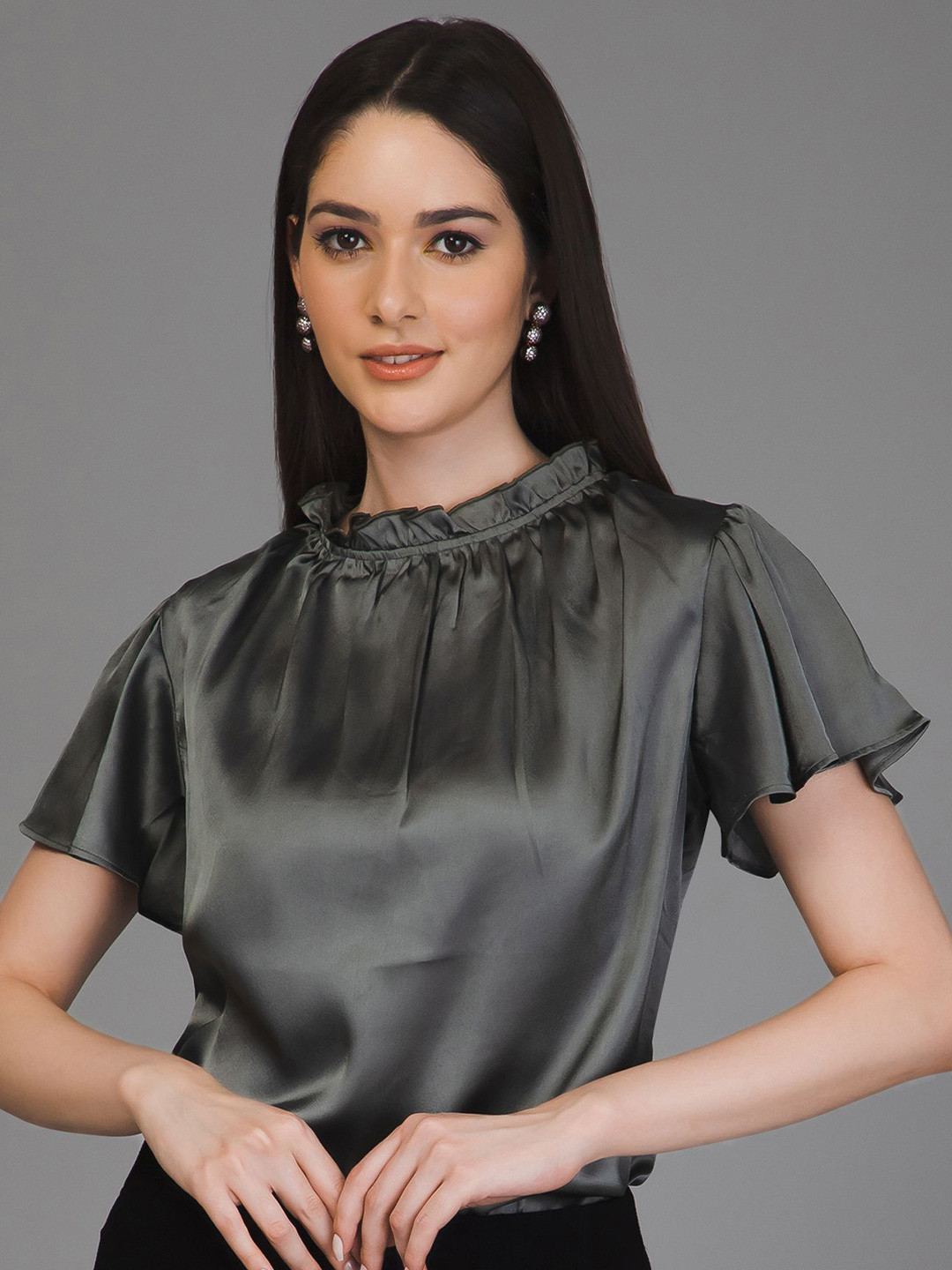 PURYS WORKSPACE Flared Sleeve Satin Blouson Top