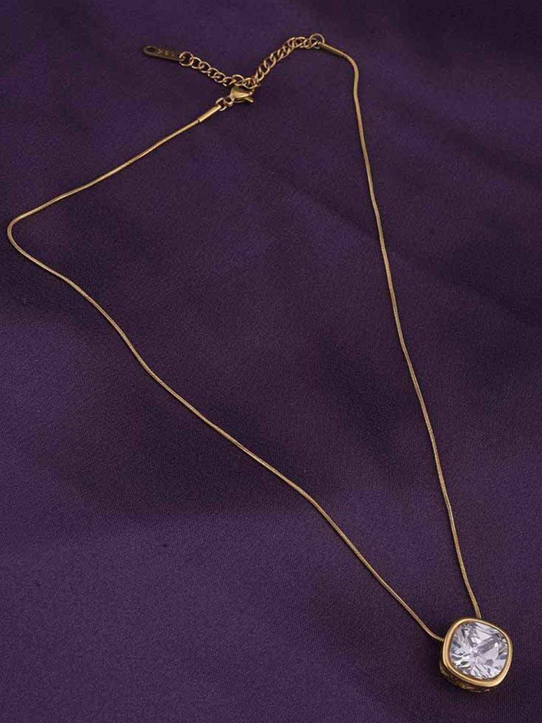 PALMONAS Gold Plated Stainless Steel Stone Studded Square Shaped Pendant With Chain