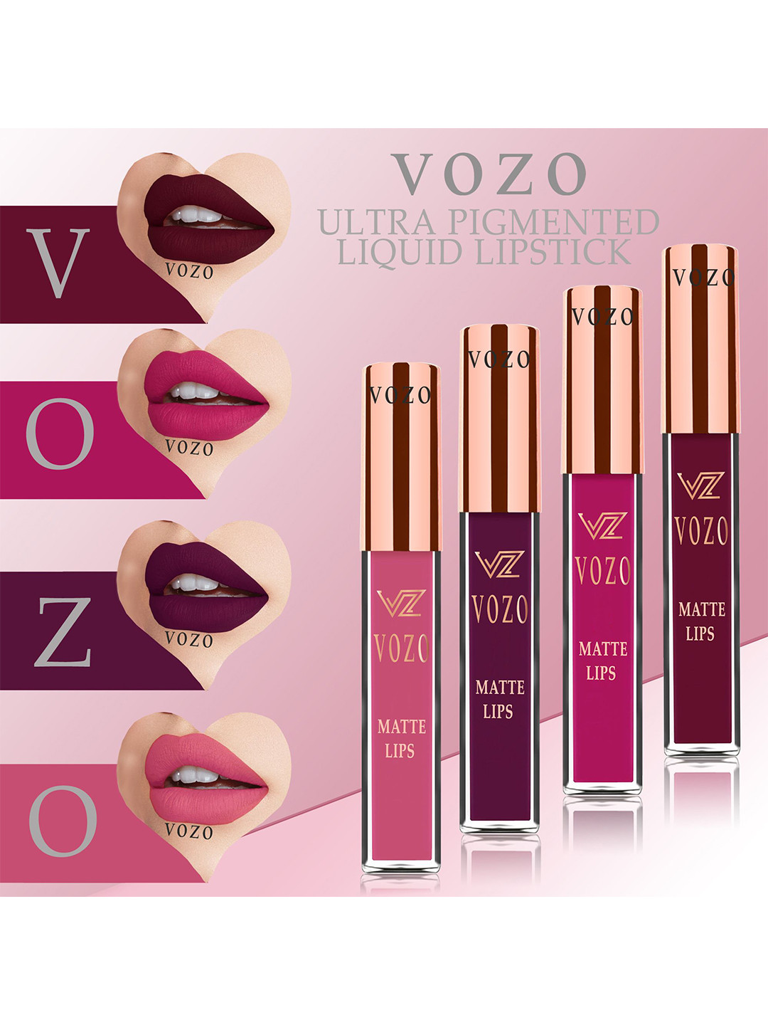 VOZO Set Of 4 Matte Lips Liquid Lipstick-Maroon 103-Light Magenta 106-Wine 201- Peach 203