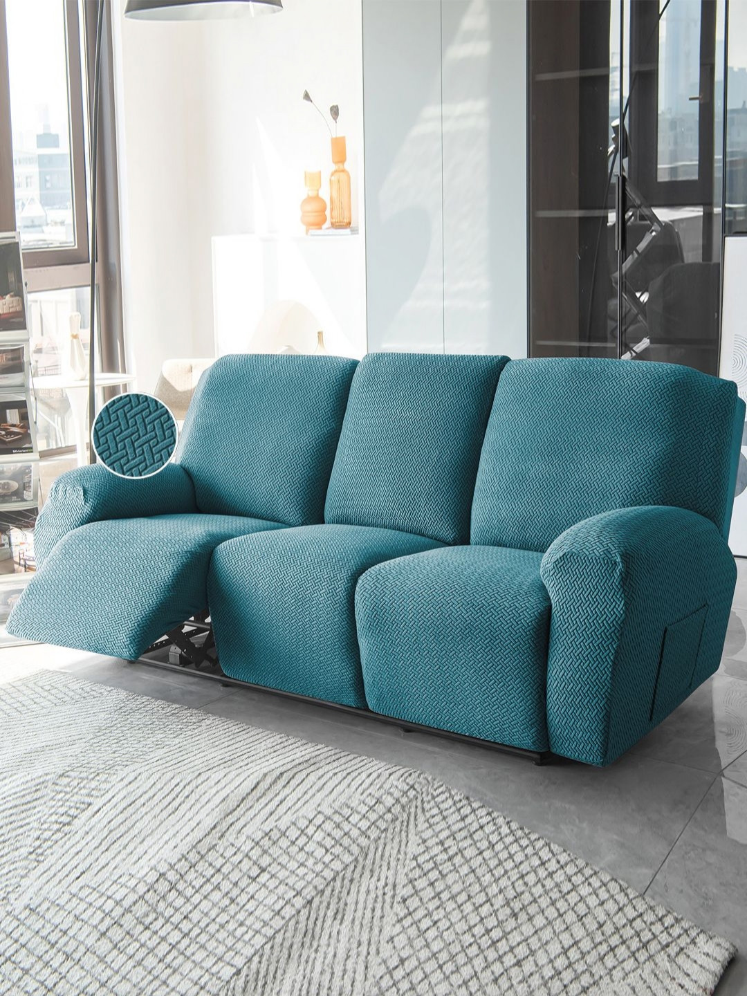 HOKIPO Blue 3 Seater Jacquard Sofa Cover With Arms