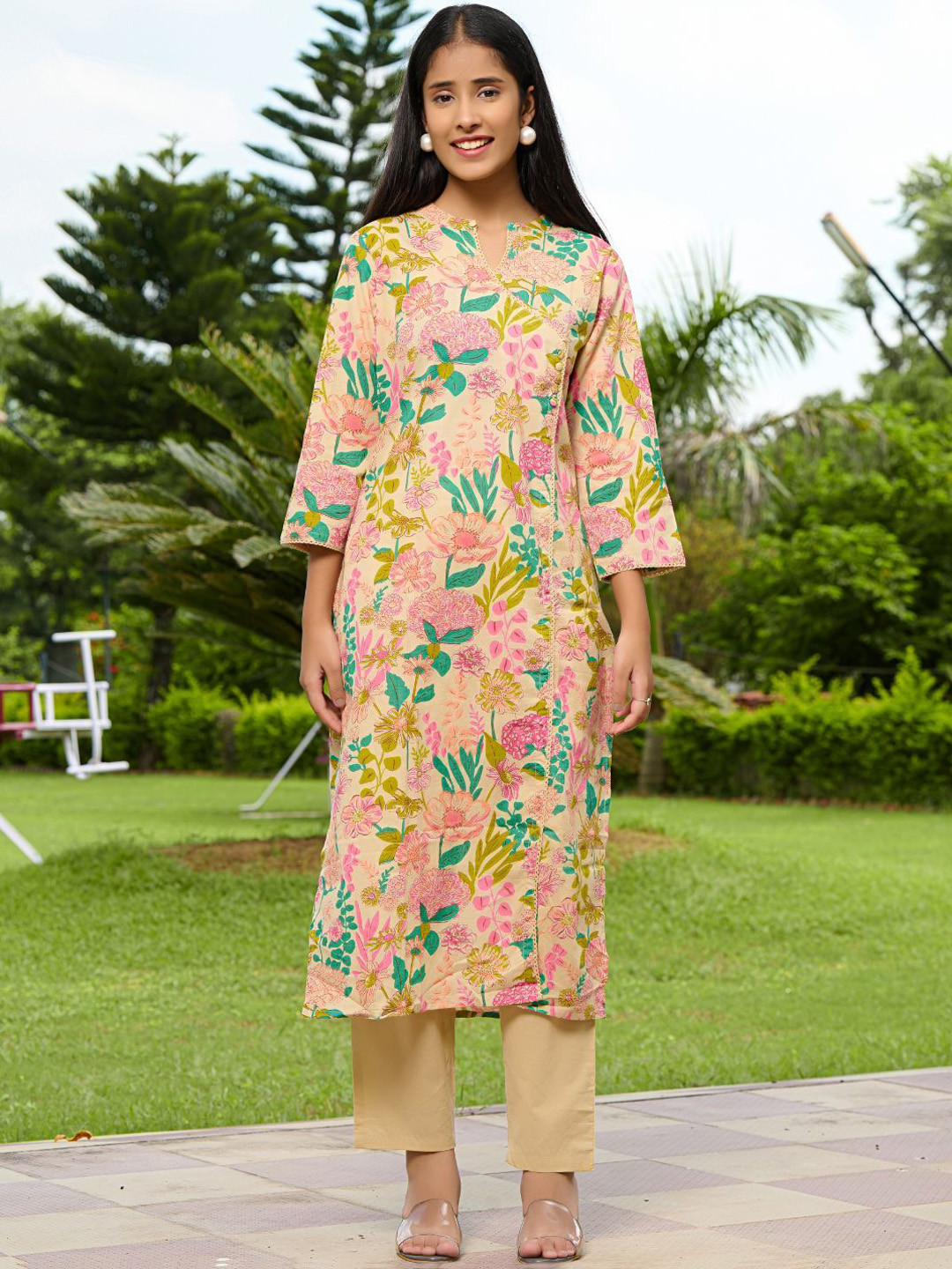 PRETTY PALLU Floral Printed Pure Cotton Tunic & Trouser Co-Ords