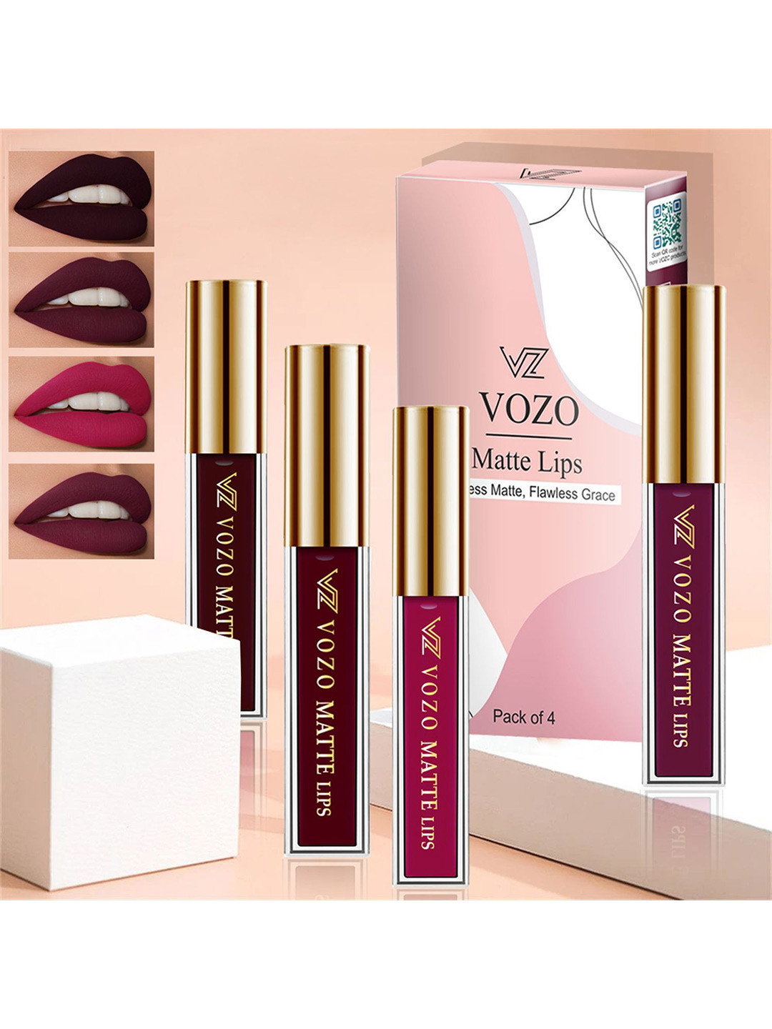 VOZO Set Of 4 Matte Lips Liquid Lipstick- Wine102-Maroon103- Light Magenta 106-Wine 201
