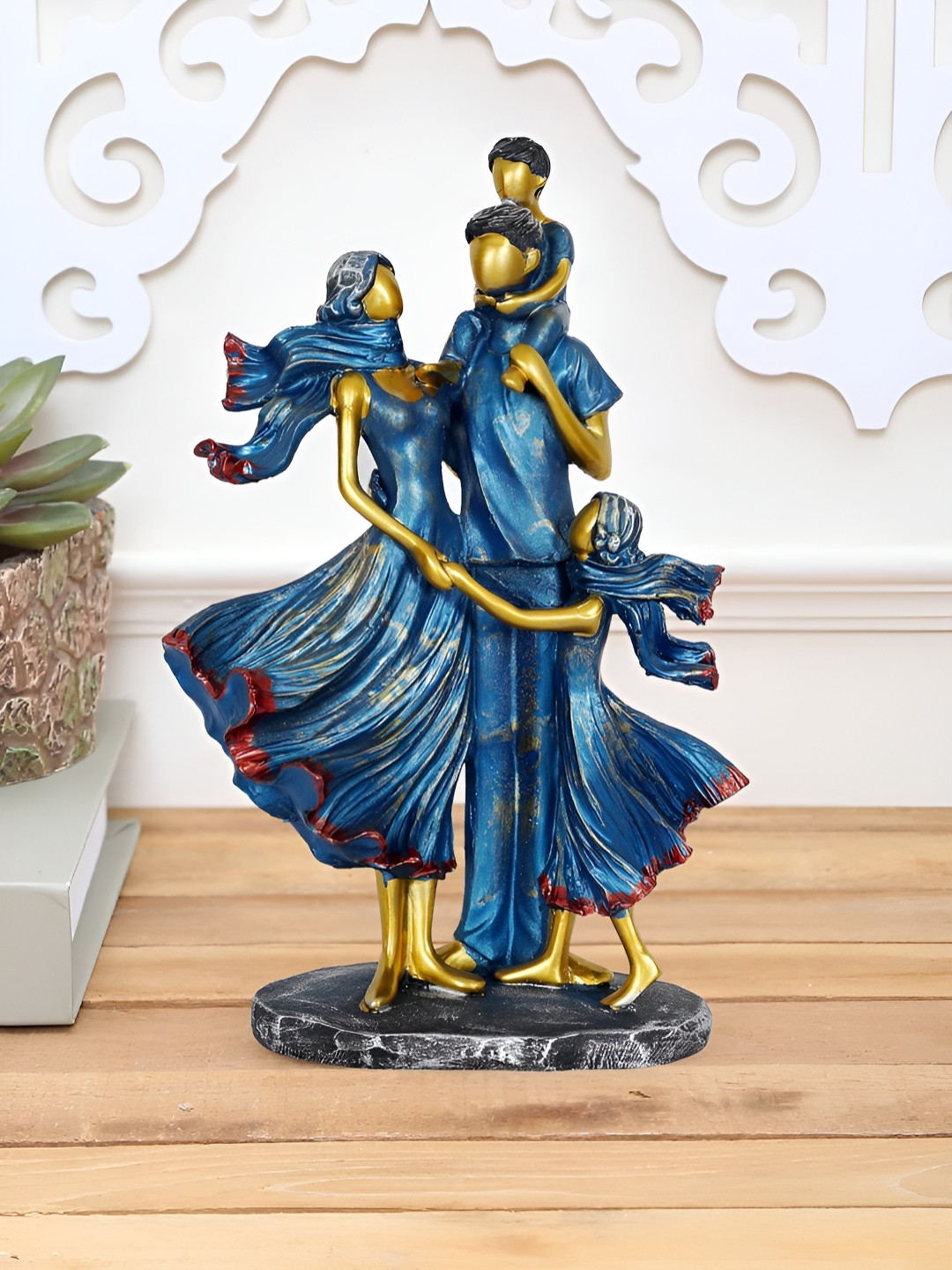 Zart Love Family Couple Blue Polyresin Glossy Living Room Medium Showpiece - 11.5 Inches