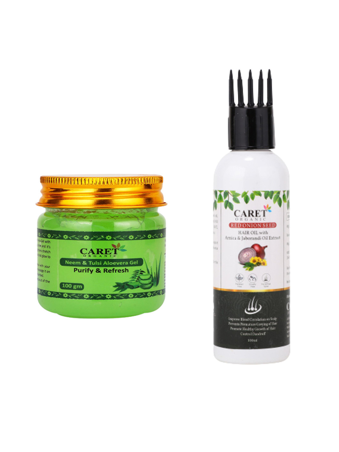 CARET ORGANIC Set Of 2 Red Onion Seed Hair Oil & Neem & Tulasi Aloevera Gel