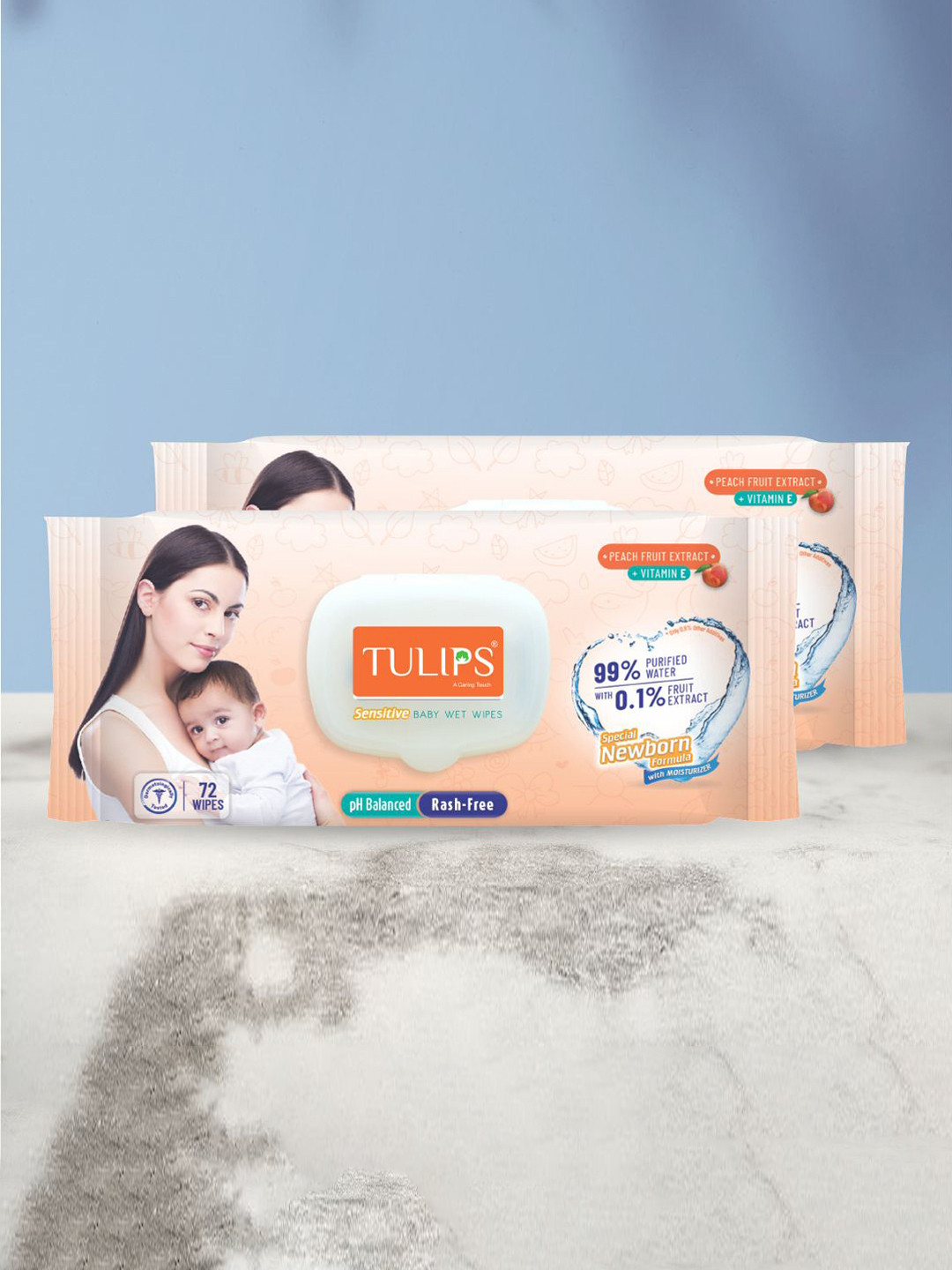 TULIPS Set Of 2 Sensitive Baby Wet Wipes With Peach Fruit Extracts Vitamin E-72 Pc Each