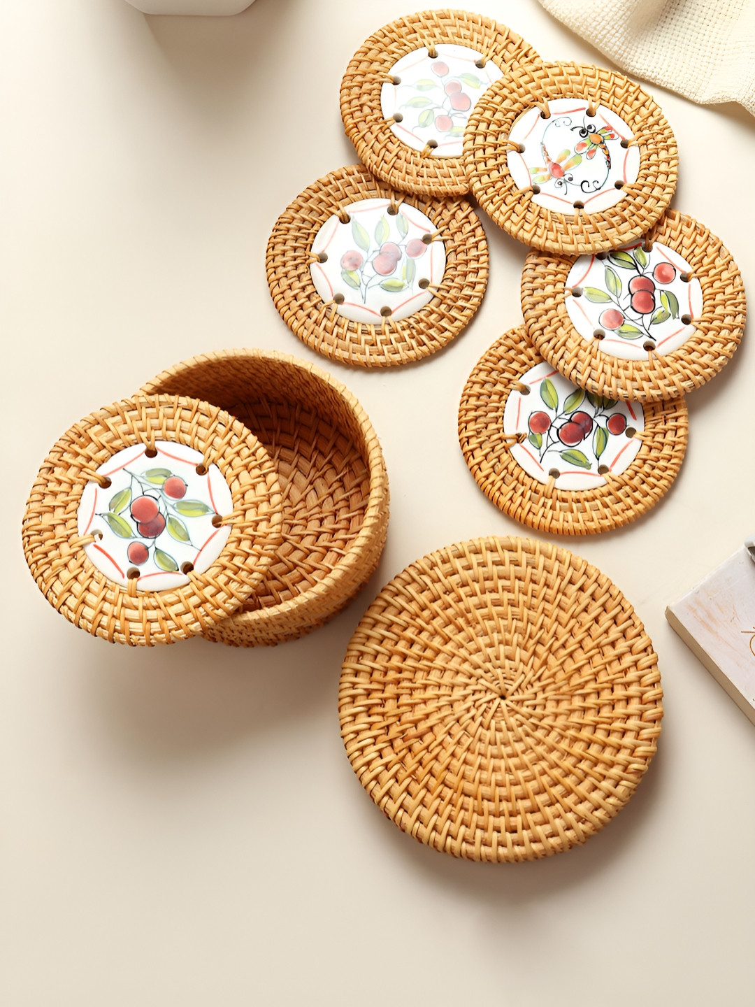 HABERE INDIA Brown 6 Pieces Round Rattan Coasters With Storage Box