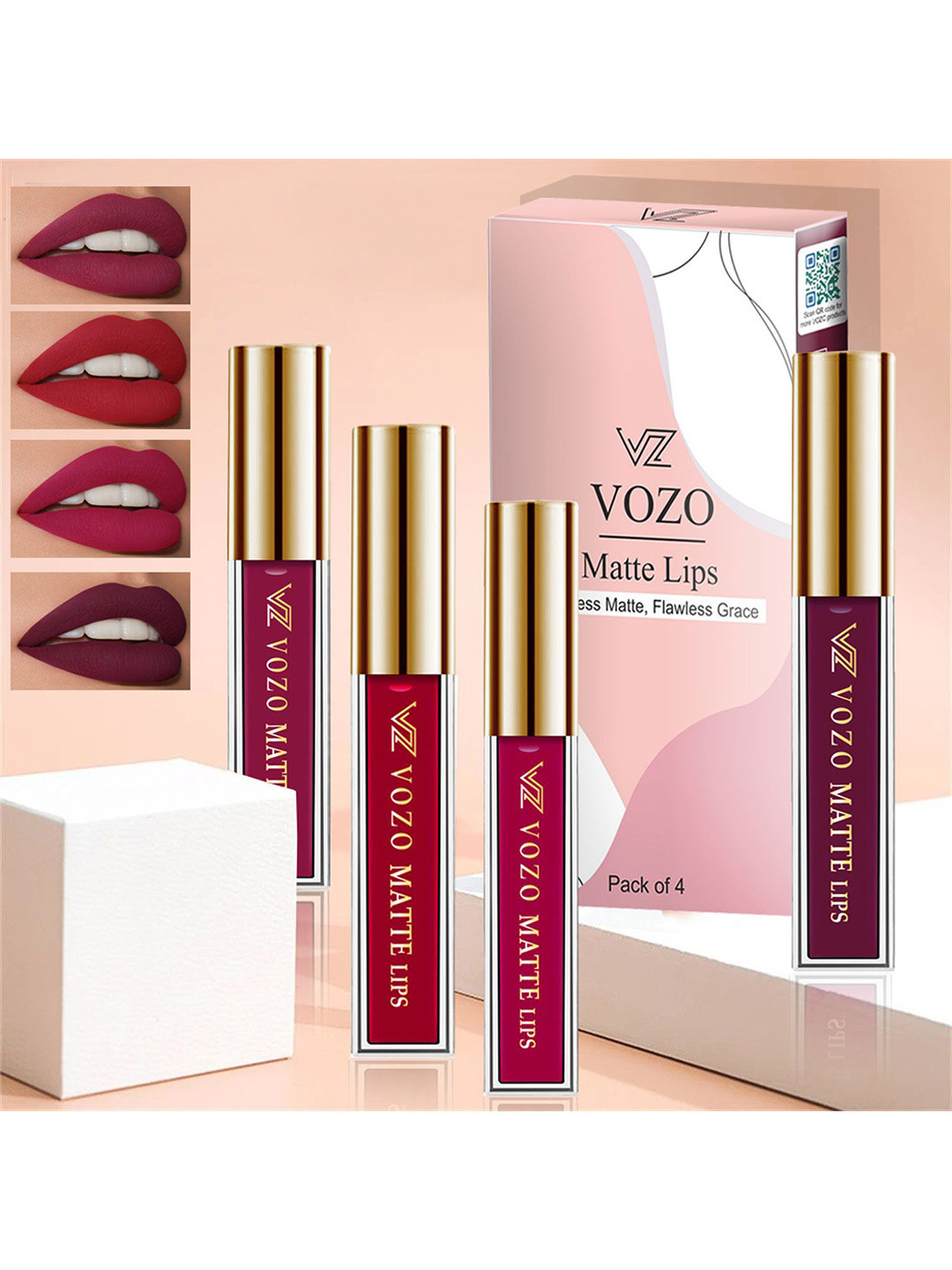 VOZO Set Of 4 Matte Lips Liquid Lipstick-Cherry Red 101-Red 104-Magenta 105- Wine 201